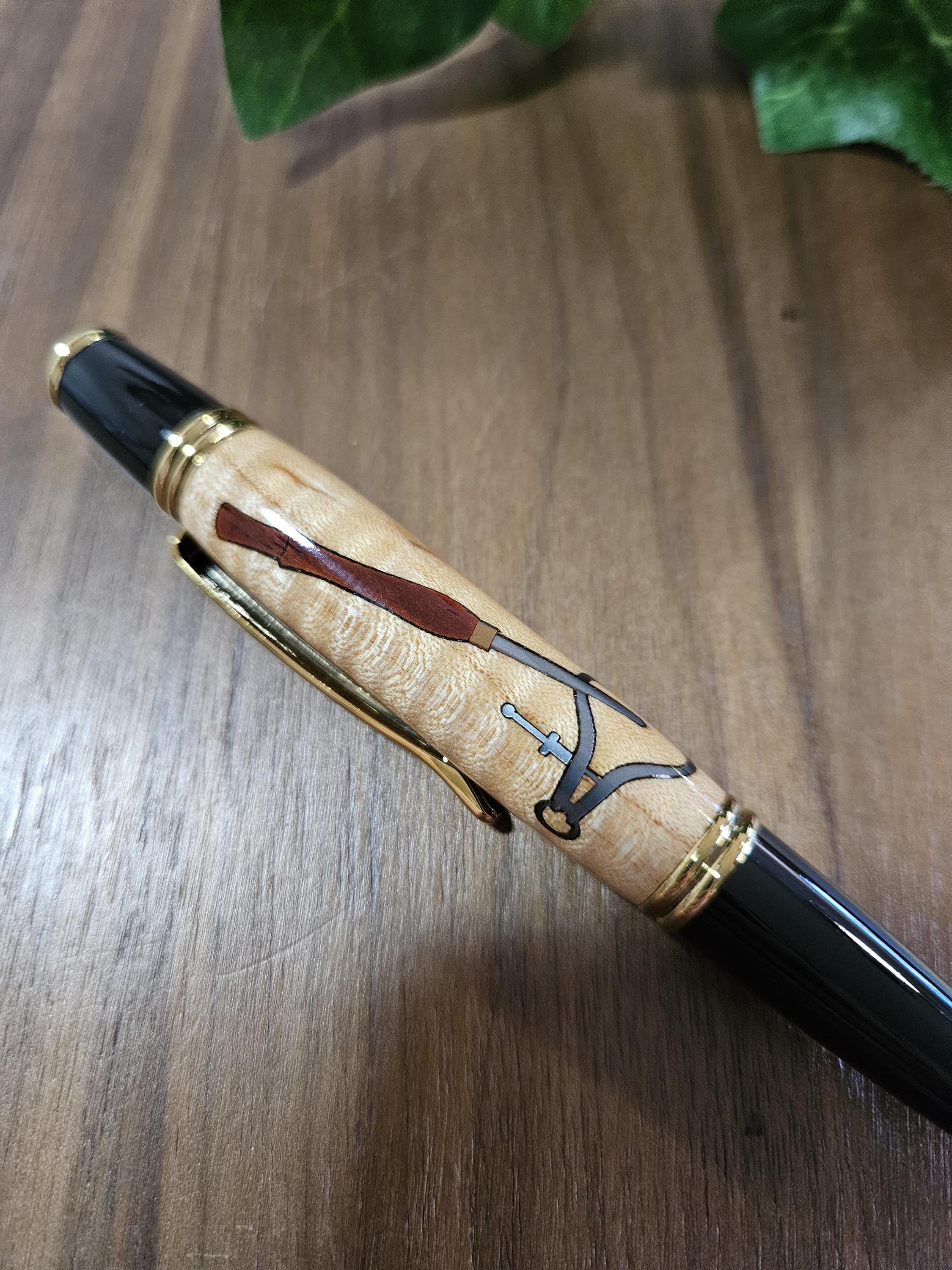 Woodturner and Pen Turners Tool Inlay Pen with Curly Maple and Black Chrome with Gold Accents