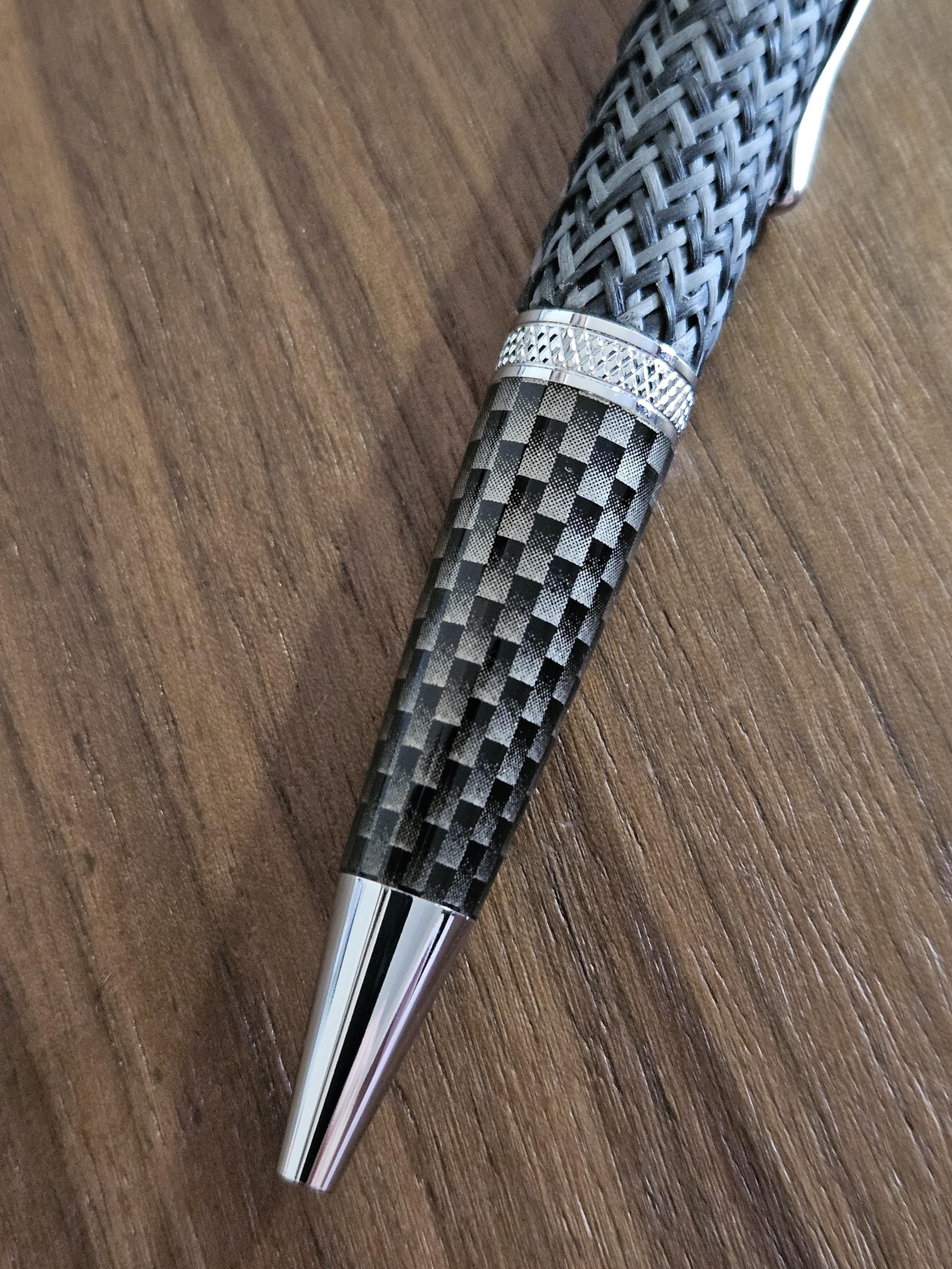 Multi-Colored True Free Carbon Fiber Twist Pen with Faux Carbon Fiber Finial and Tapered Grip with Chrome Accents