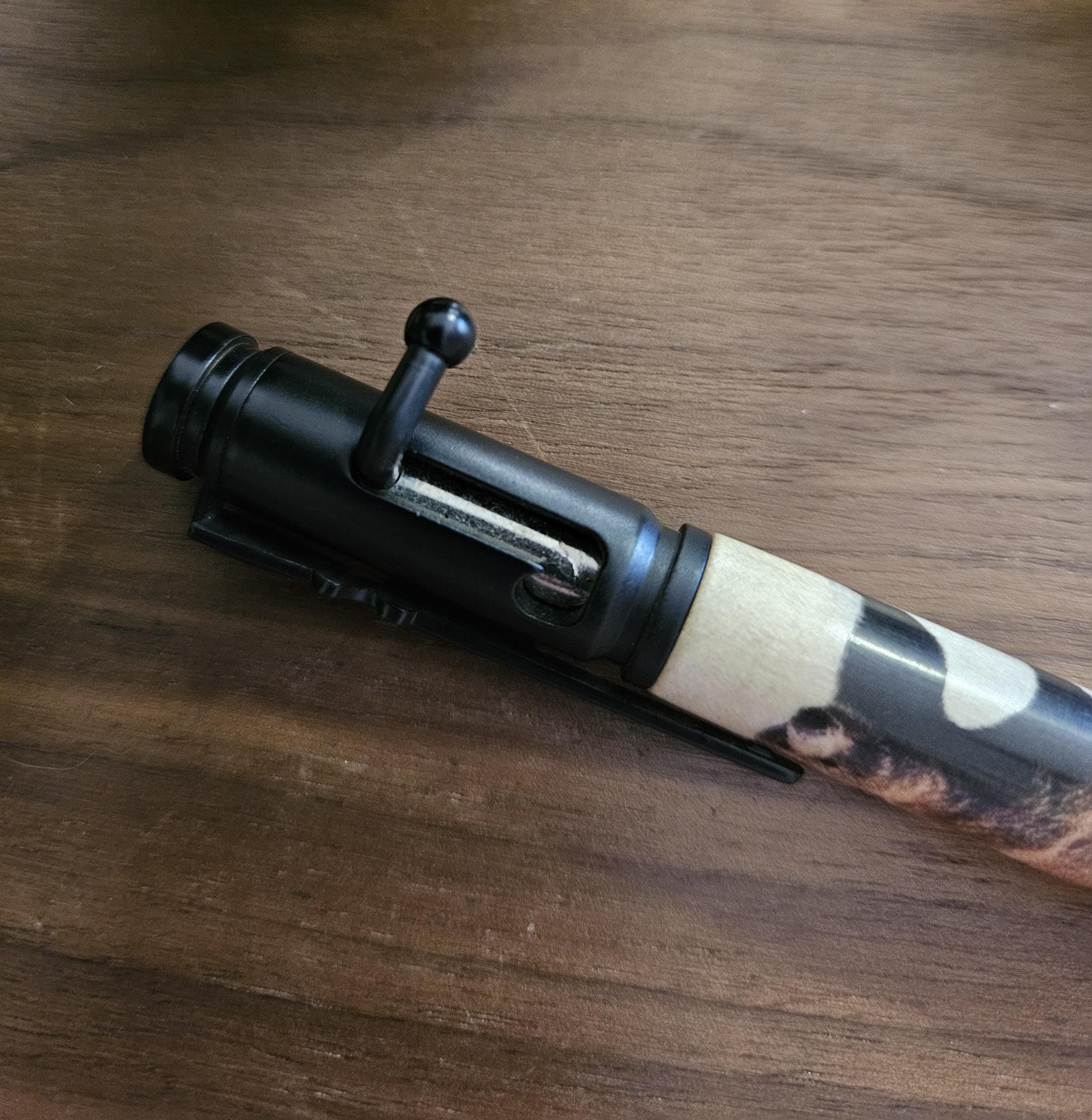 Wooden Grizzly Bear Decal Pen on Curly Maple with a Matte Black Bolt Action Rifle Pen Kit