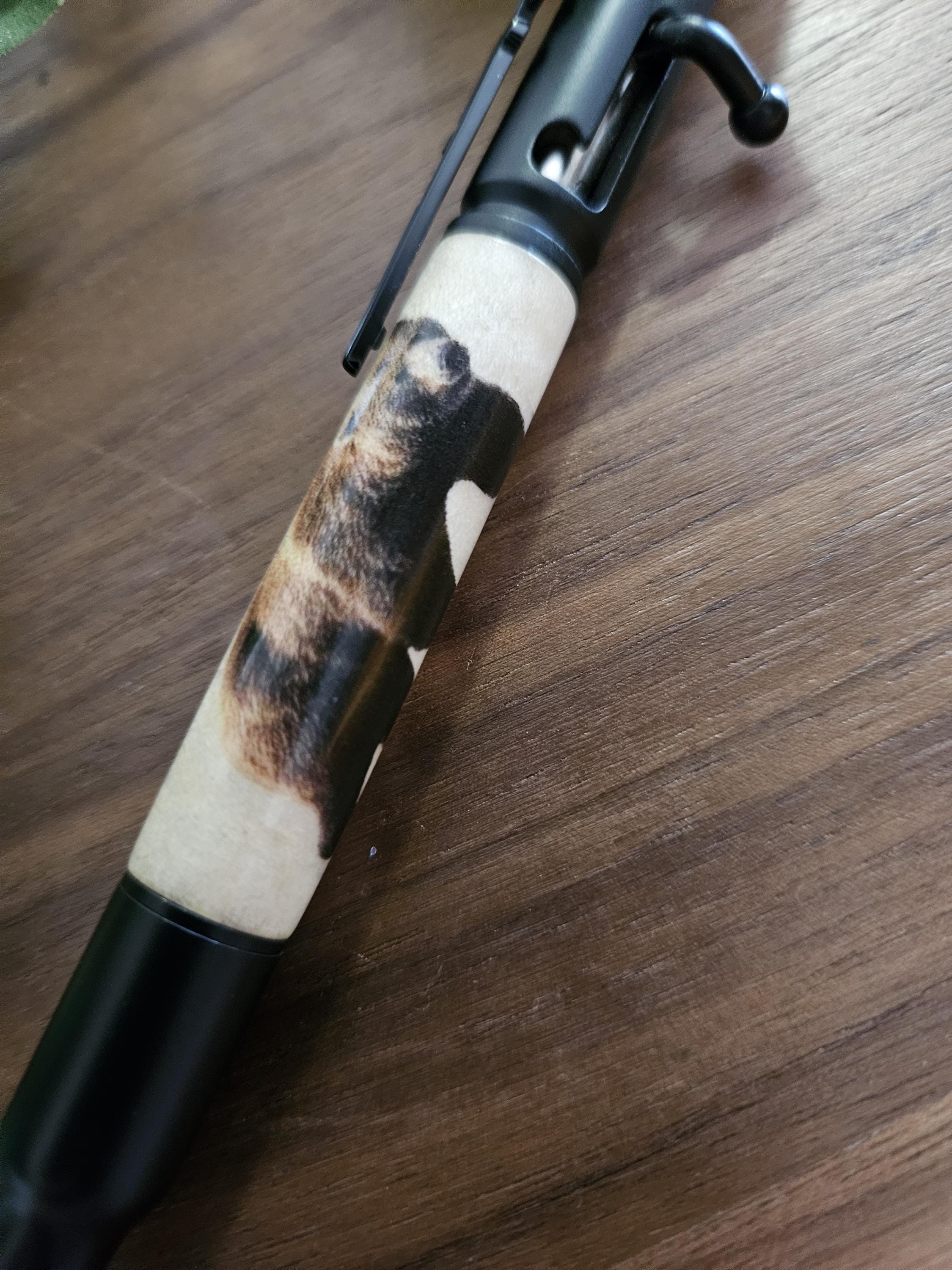 Wooden Grizzly Bear Decal Pen on Curly Maple with a Matte Black Bolt Action Rifle Pen Kit