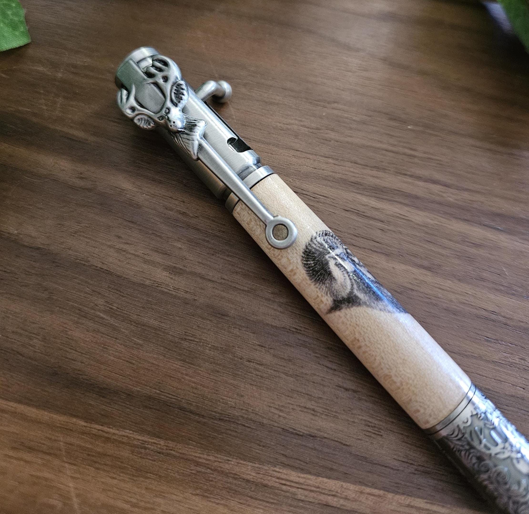 Wooden Ram Head Decal Pen on Curly Maple with an Antique Pewter Bolt Action Deer Hunters Pen Kit