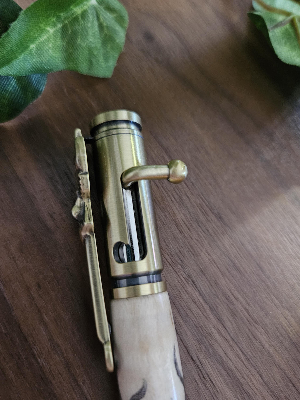 Wooden Buck Deer Head Decal Pen on Curly Maple with an Antique Brass Bolt Action Deer Hunters Pen Kit