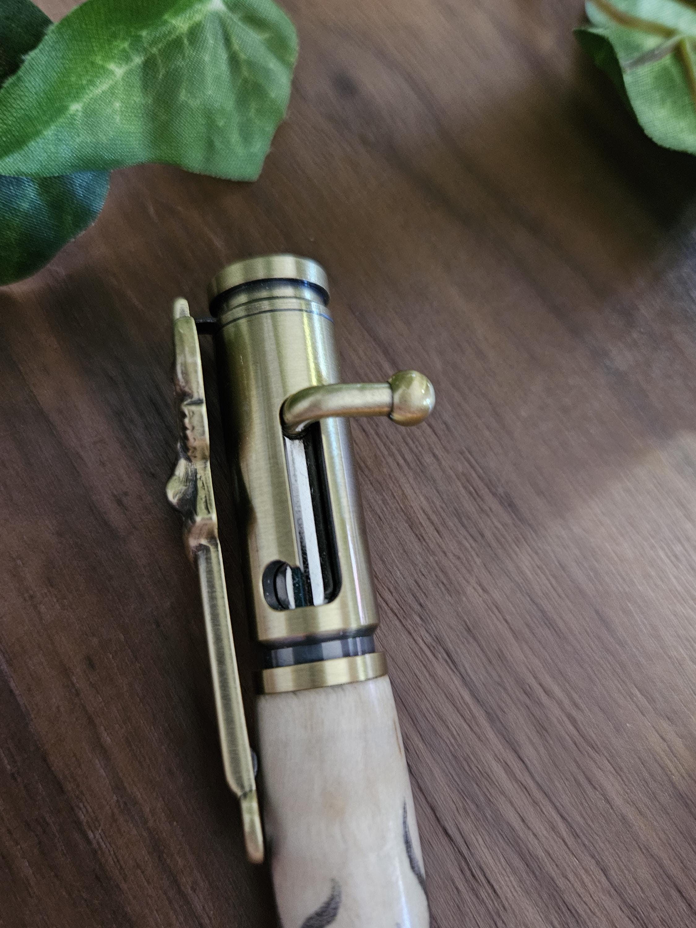 Wooden Buck Deer Head Decal Pen on Curly Maple with an Antique Brass Bolt Action Deer Hunters Pen Kit