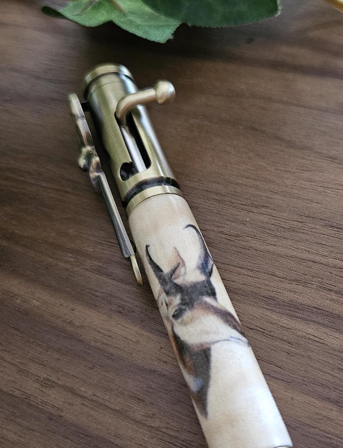 Refillable Ballpoint Pen, Wooden Pronghorn Deer Head Water Decal, Curly Maple Wood, Antique Brass Bolt Action, Deer Hunters Kit, Medium Tip