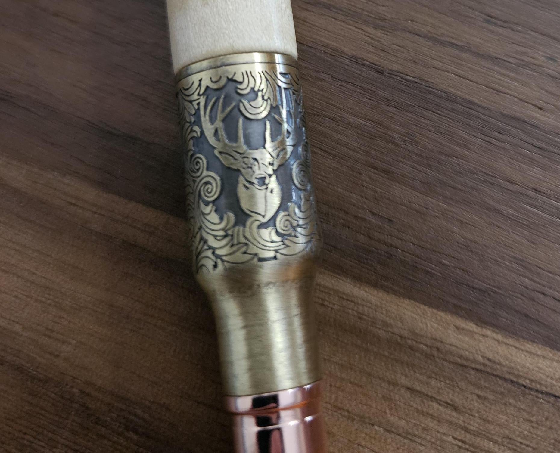 Refillable Ballpoint Pen, Wooden Pronghorn Deer Head Water Decal, Curly Maple Wood, Antique Brass Bolt Action, Deer Hunters Kit, Medium Tip