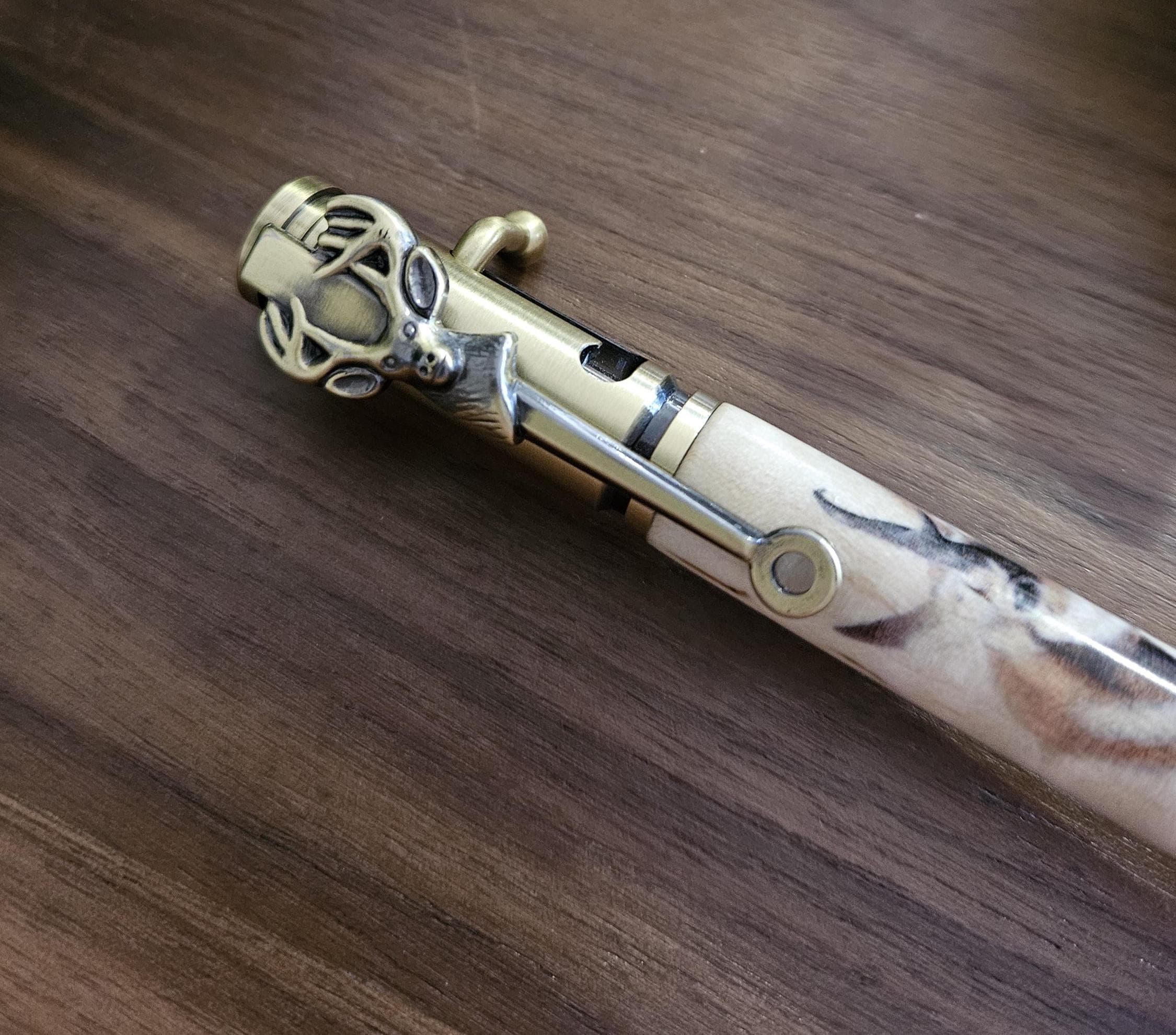 Refillable Ballpoint Pen, Wooden Pronghorn Deer Head Water Decal, Curly Maple Wood, Antique Brass Bolt Action, Deer Hunters Kit, Medium Tip