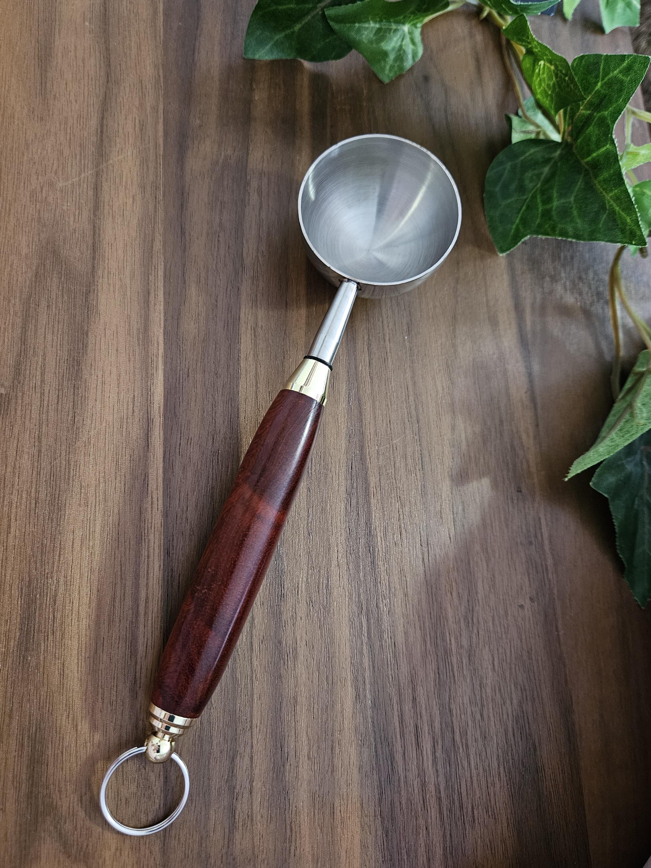 Amboyna Wooden Coffee Scoop with 2 Tablespoon Stainless Steel Scoop and Gold Accents