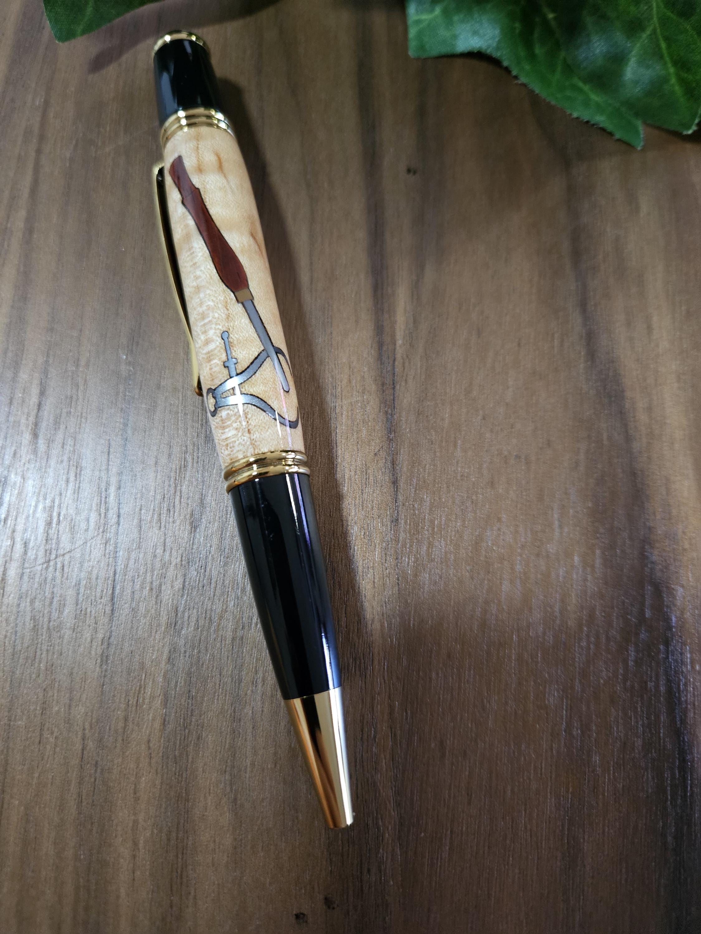 Woodturner and Pen Turners Tool Inlay Pen with Curly Maple and Black Chrome with Gold Accents