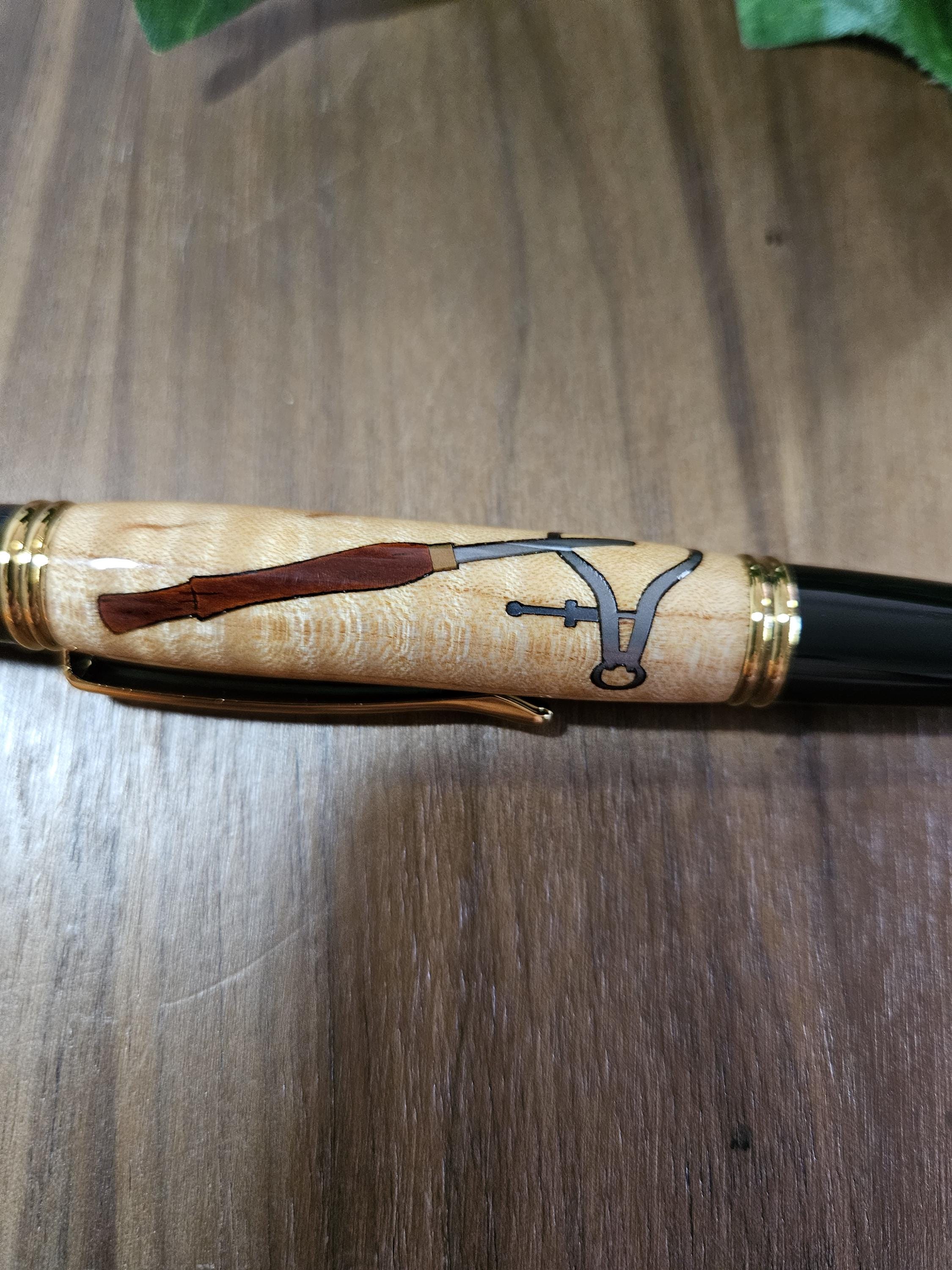Woodturner and Pen Turners Tool Inlay Pen with Curly Maple and Black Chrome with Gold Accents