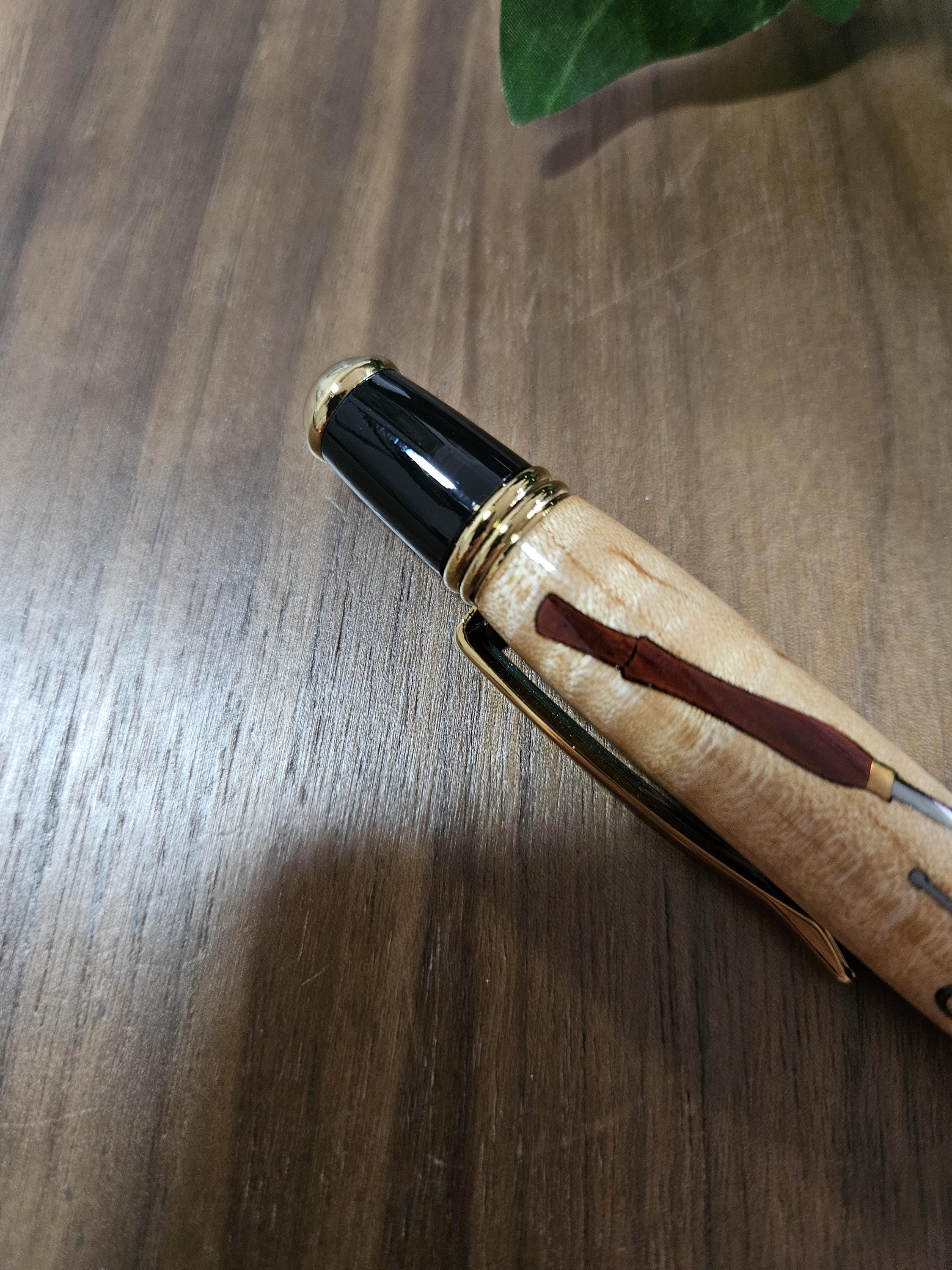 Woodturner and Pen Turners Tool Inlay Pen with Curly Maple and Black Chrome with Gold Accents