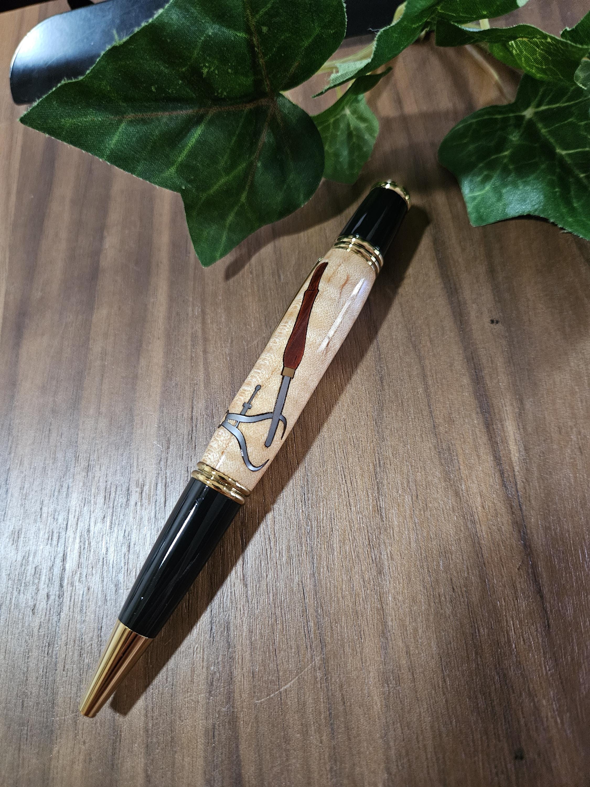 Woodturner and Pen Turners Tool Inlay Pen with Curly Maple and Black Chrome with Gold Accents