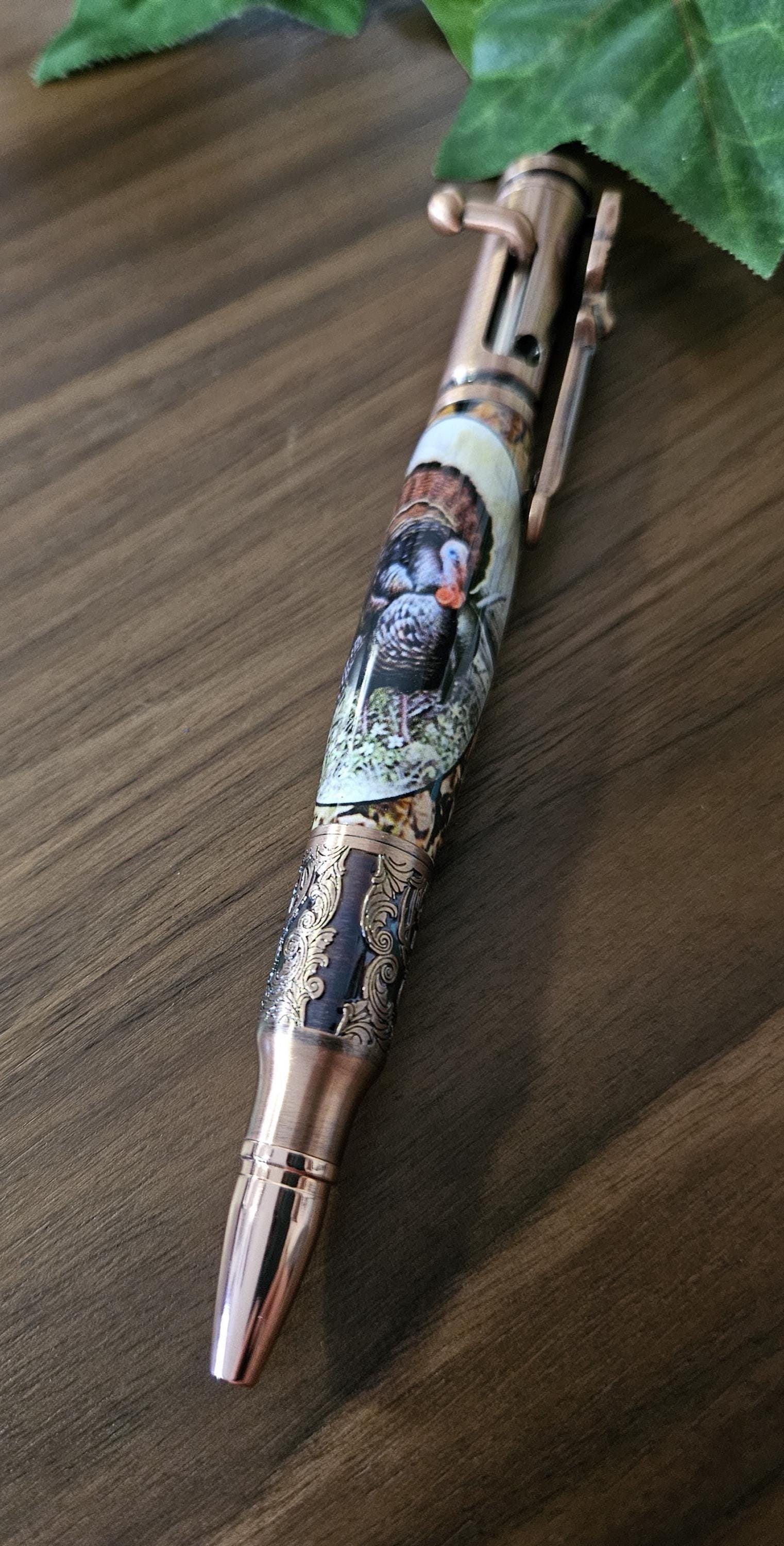 Refillable Ballpoint Pen, Turkey Hunters, Label Cast, Bolt Action, Deer Hunter, Antiqued Copper Accents, Fall Leaves, Outdoor Enthusiasts