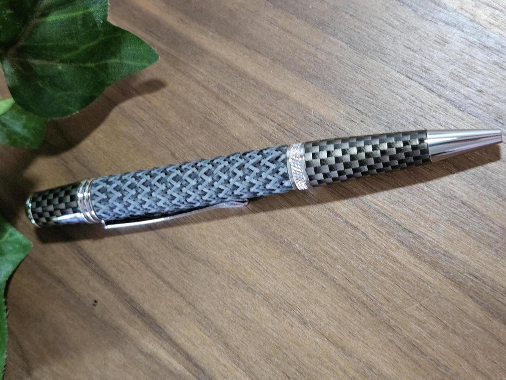 Multi-Colored True Free Carbon Fiber Twist Pen with Faux Carbon Fiber Finial and Tapered Grip with Chrome Accents