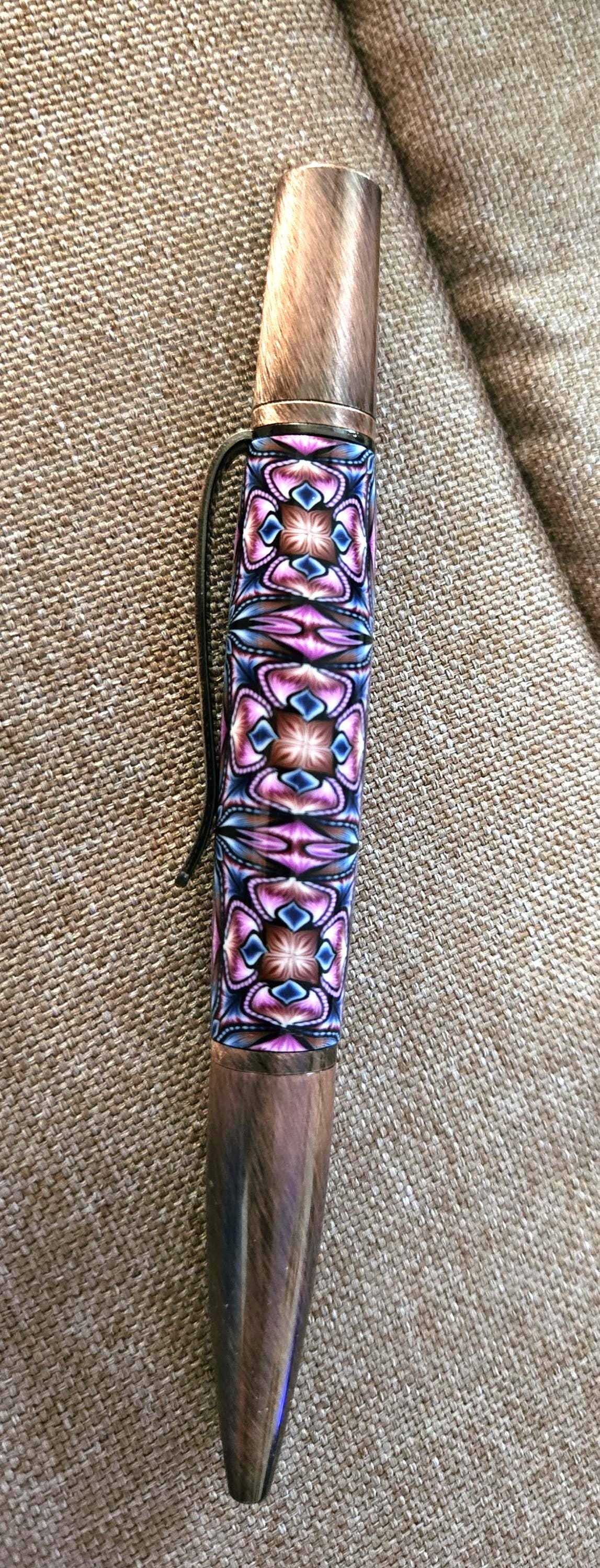 Refillable Polymer Clay Pen, Antique Copper Accents, Floral Pattern, Blue Pink Copper Colored Body, Medium Tip, 1.7 oz, Gift for Mom