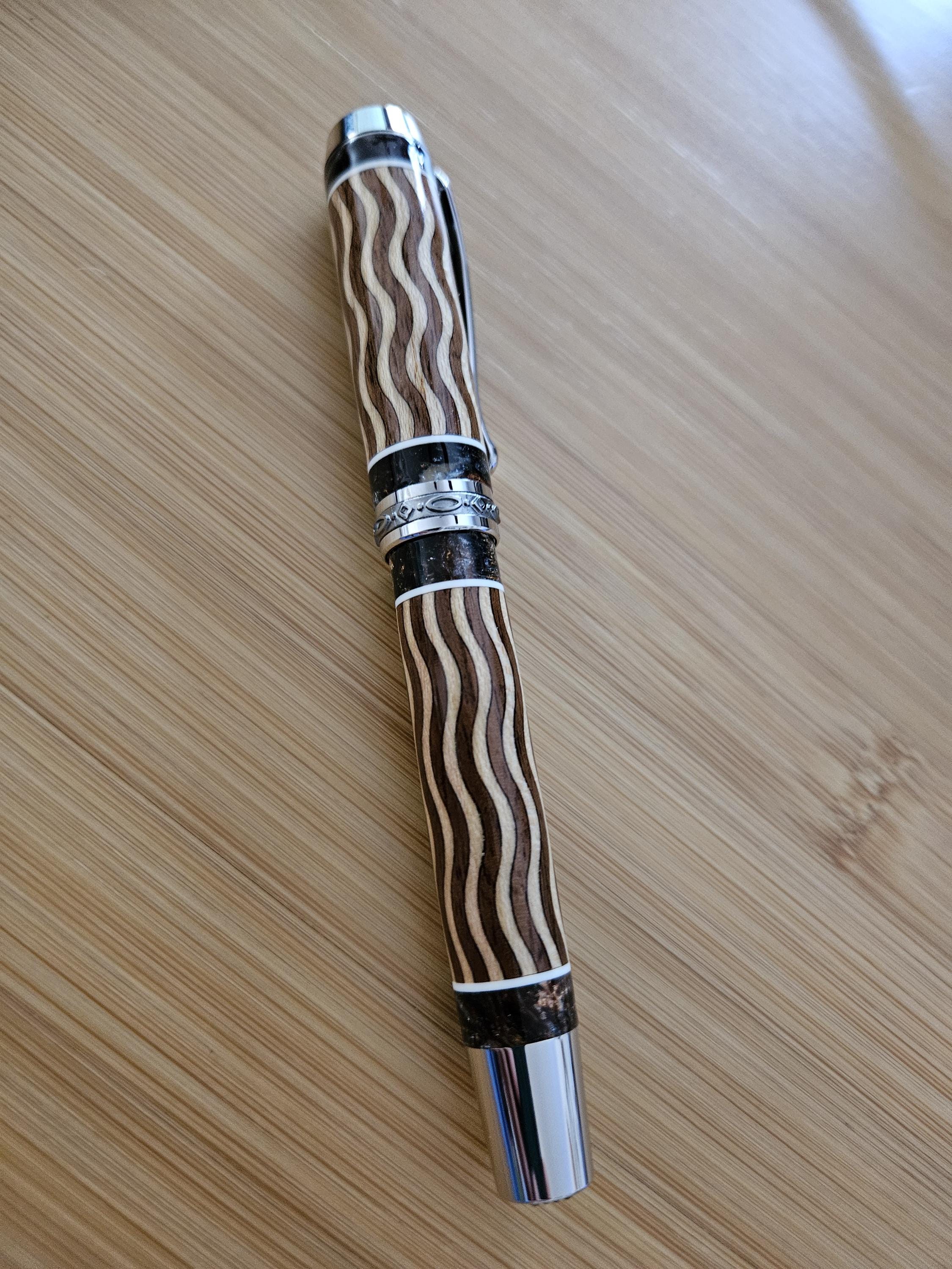 Refillable Capped Junior Statesman Rollerball Pen, Segmented, Inlay Maple & Walnut Wood, Dayacoms Hand-Cast Chrome Accent, Medium Tip, 1.9oz