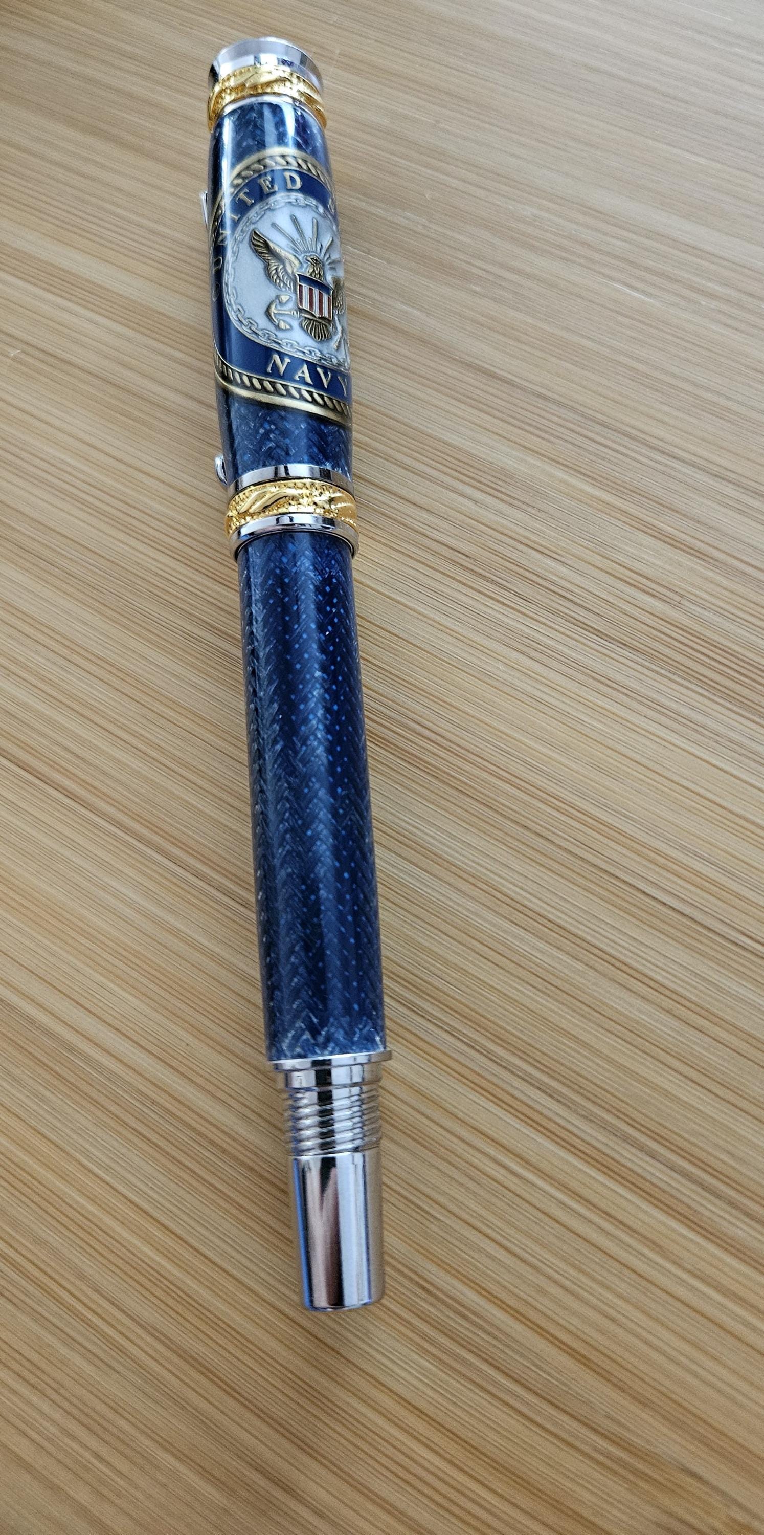 Refillable Capped Rollerball Blue Carbon Fiber Pen, Navy Emblem Coin, Majestic Junior Gold and Rhodium Accents, Navy Veterans & Active Duty