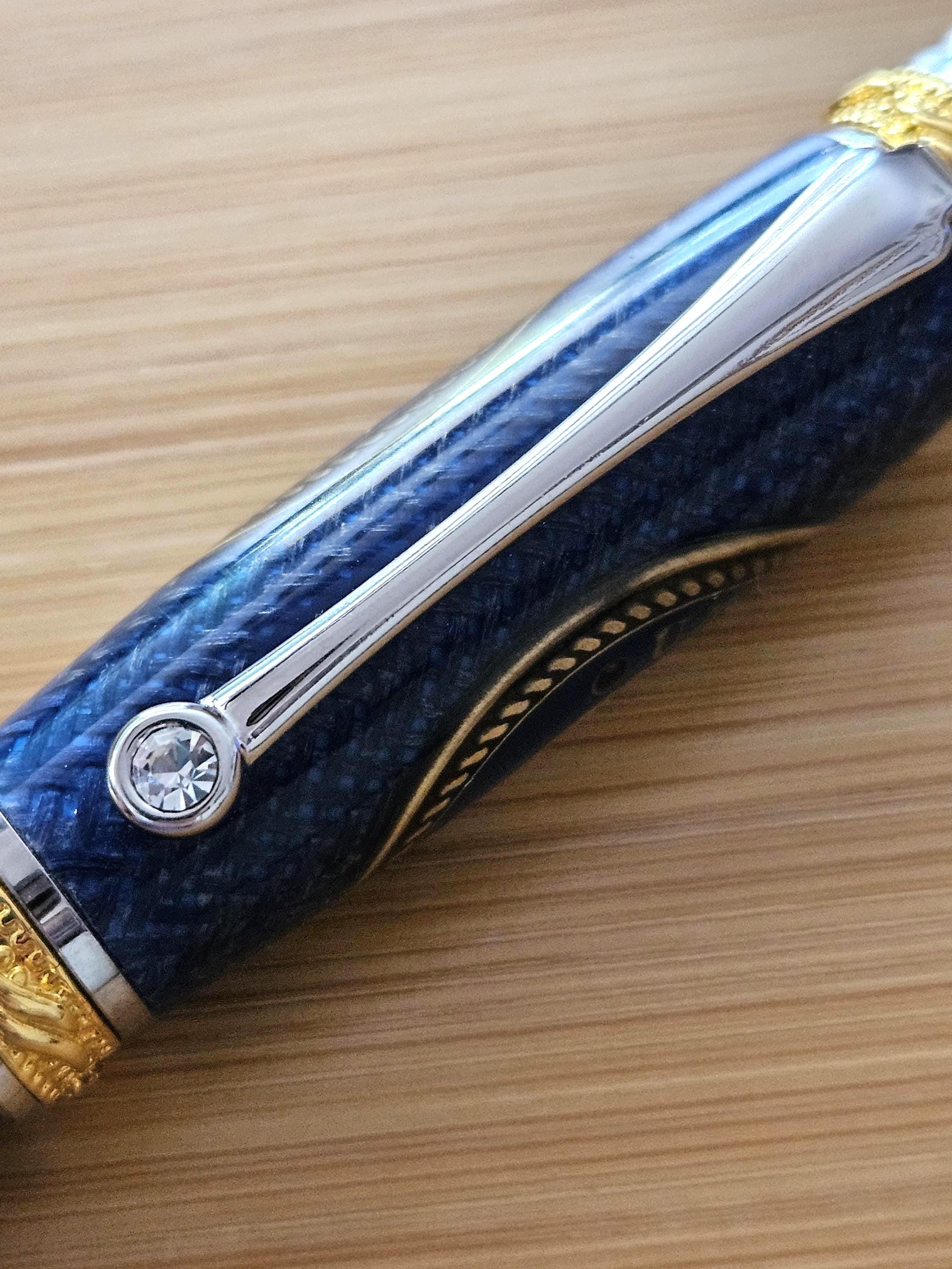 Refillable Capped Rollerball Blue Carbon Fiber Pen, Navy Emblem Coin, Majestic Junior Gold and Rhodium Accents, Navy Veterans & Active Duty