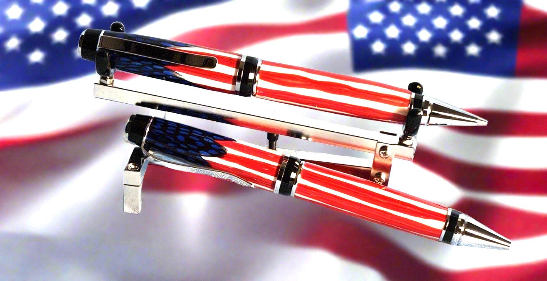 Pen and Pencil Set - Hand Placed Blue Feathers American Flag with an Elegant Black Chrome Pen Kit