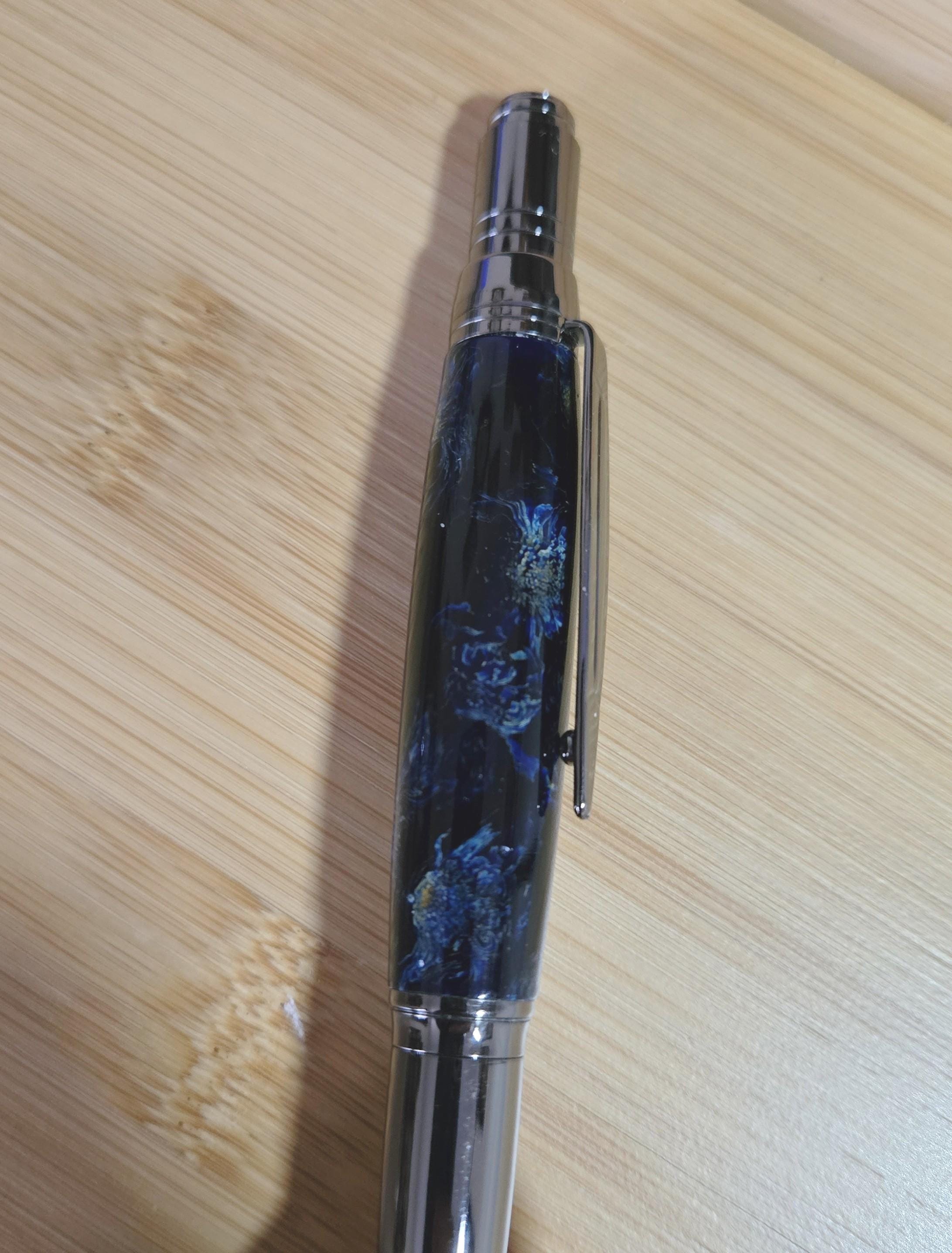 Refillable Ballpoint Pen, Chrysanthemum Flowers, Deep Blue Label-Cast Body, Clear Resin, Gunmetal Accents, Medium Tip, 1.3 oz (lightweight)