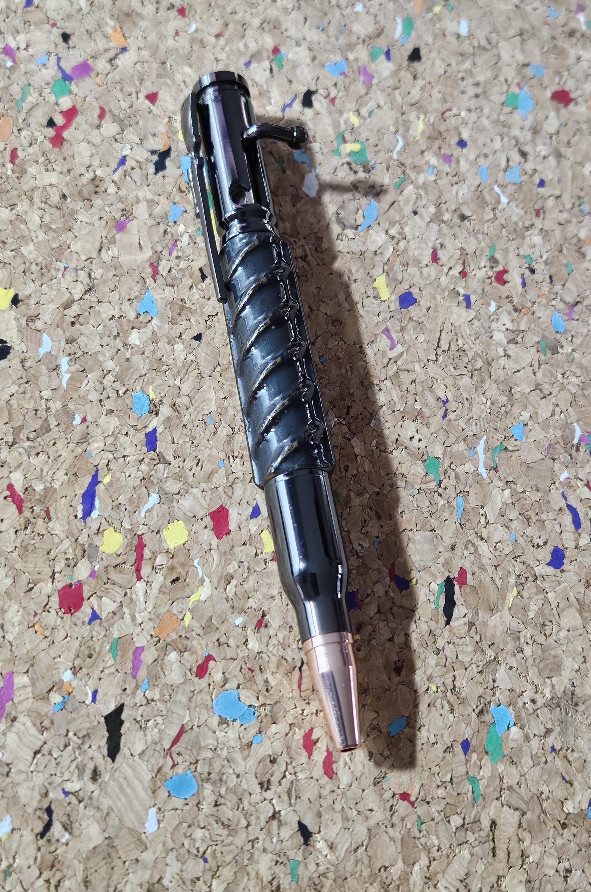 Refillable Bolt Action Pen, Black Rebar, Steel Reinforcement, Gunmetal Accents, Rifle Clip, Gift for Construction Workers, Medium Tip, 1.9oz