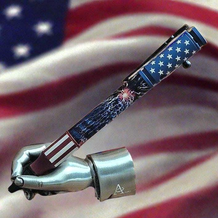 Refillable Bolt-Action Pen, American Flag, Lightning Bolt, Ceramic Accents, Veterans, Active Duty, Hunters, Patriotic, Medium Tip, 1.7 oz