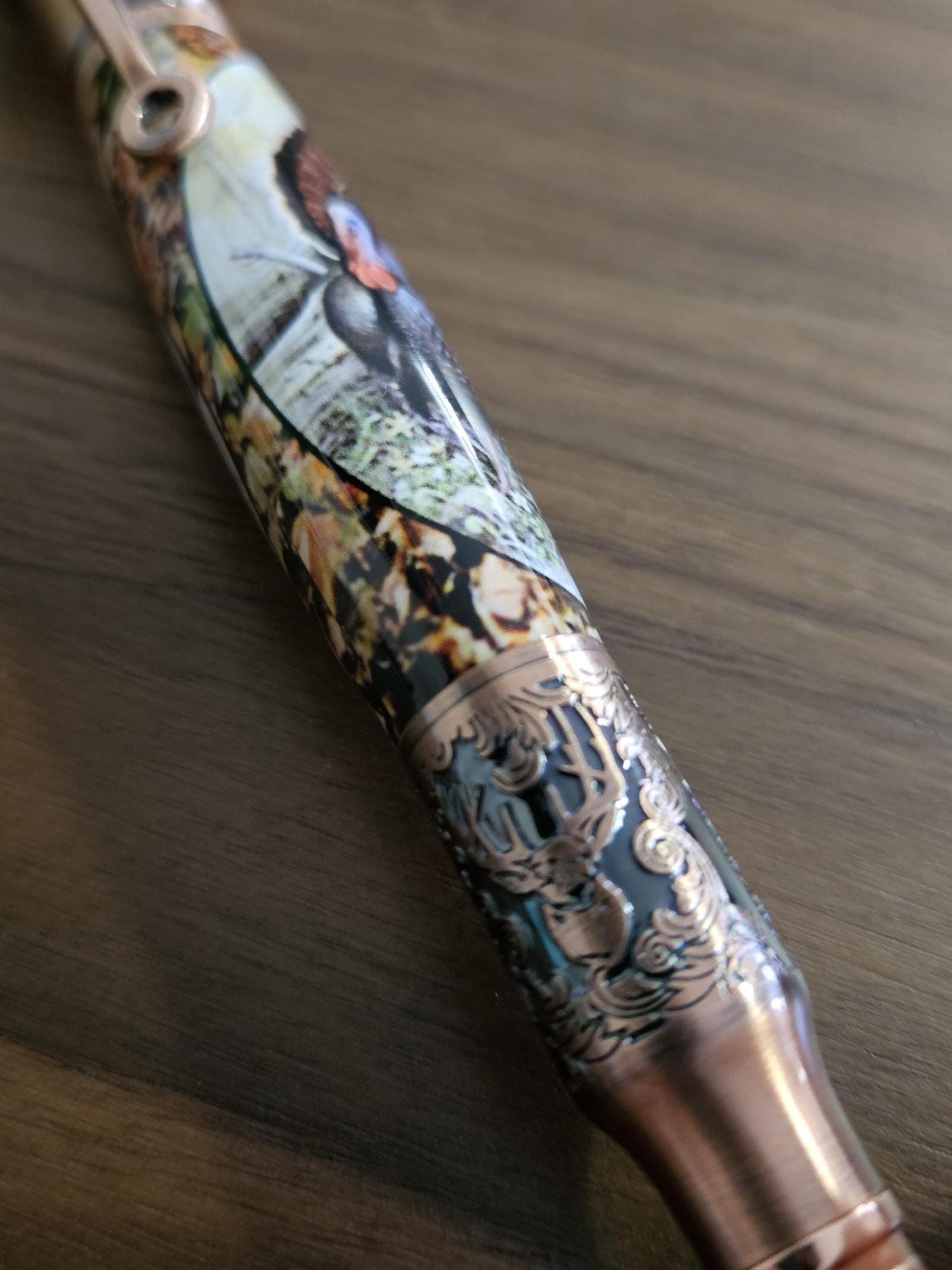Refillable Ballpoint Pen, Turkey Hunters, Label Cast, Bolt Action, Deer Hunter, Antiqued Copper Accents, Fall Leaves, Outdoor Enthusiasts