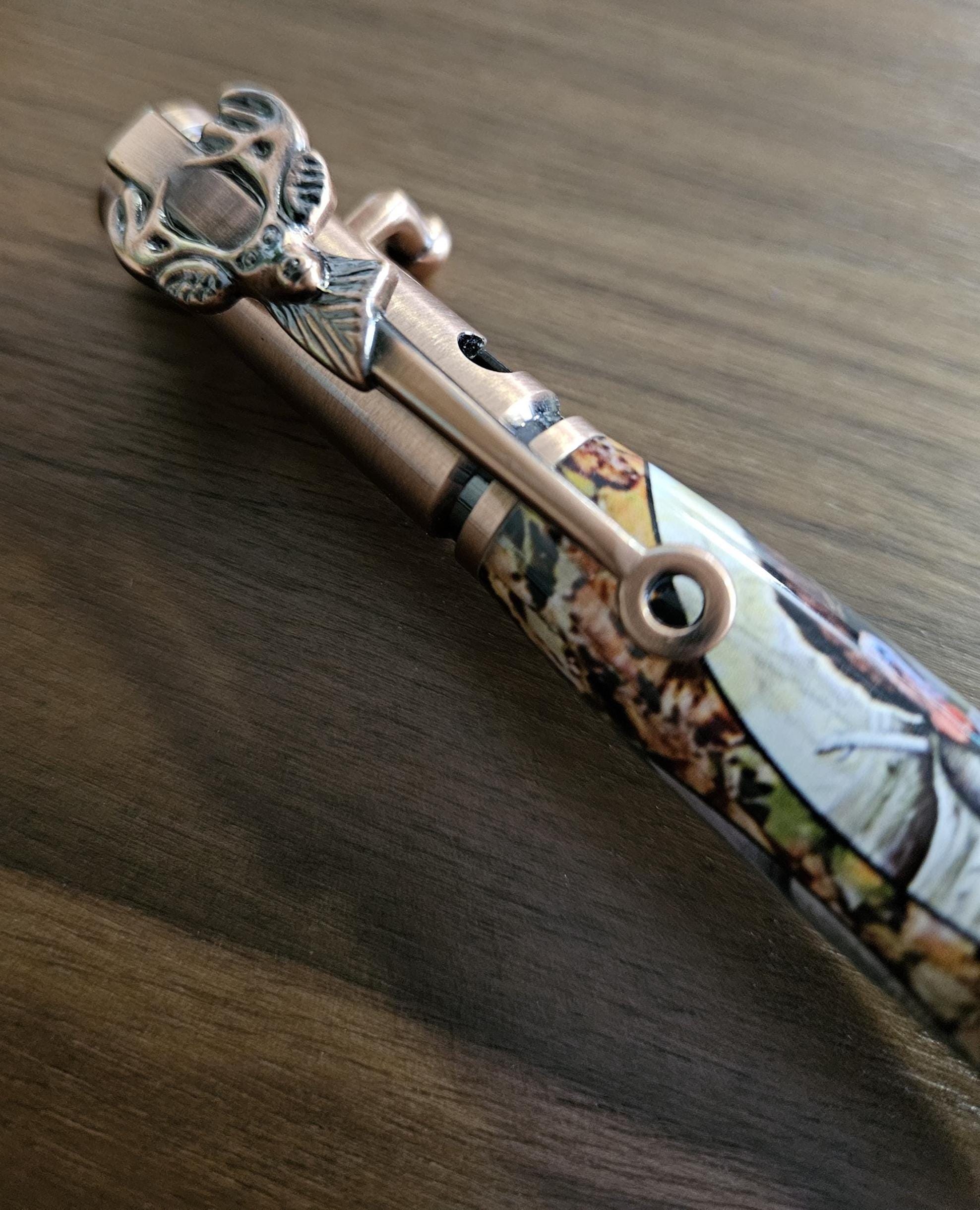 Refillable Ballpoint Pen, Turkey Hunters, Label Cast, Bolt Action, Deer Hunter, Antiqued Copper Accents, Fall Leaves, Outdoor Enthusiasts