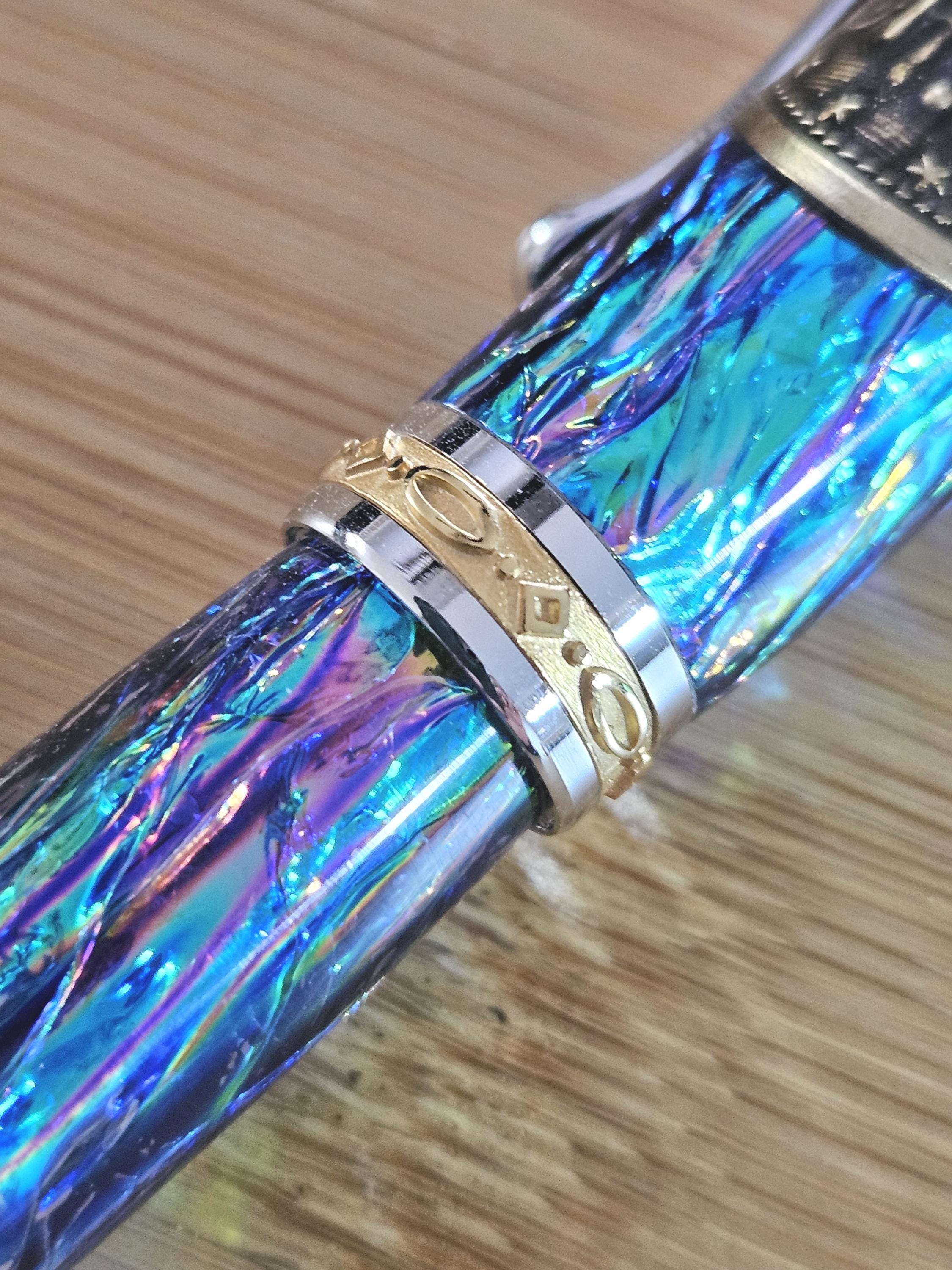 Refillable Capped Junior Statesman Rollerball Pen, Opal FX Body, Navy Peacoat Button, Chrome and Gold Accents, Medium Tip, Gift for Military