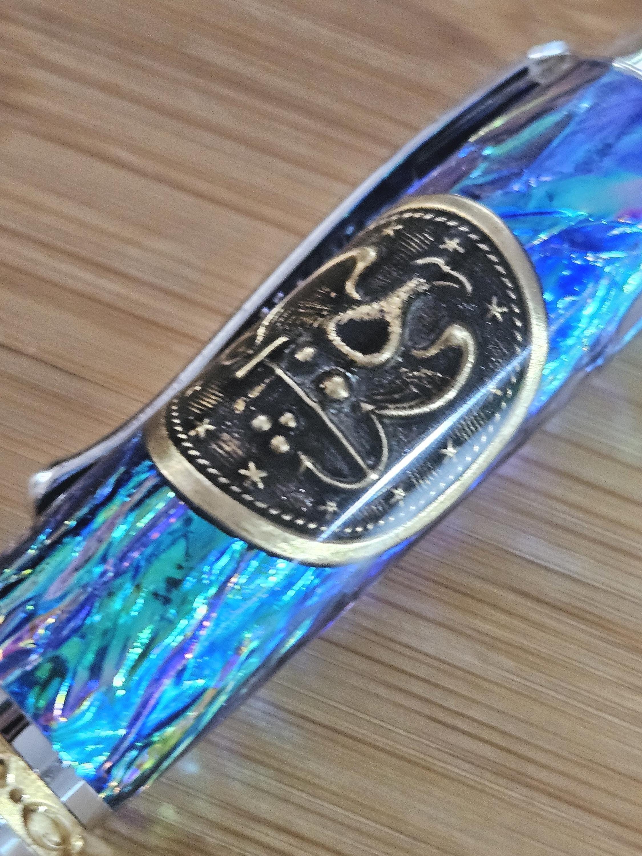 Refillable Capped Junior Statesman Rollerball Pen, Opal FX Body, Navy Peacoat Button, Chrome and Gold Accents, Medium Tip, Gift for Military