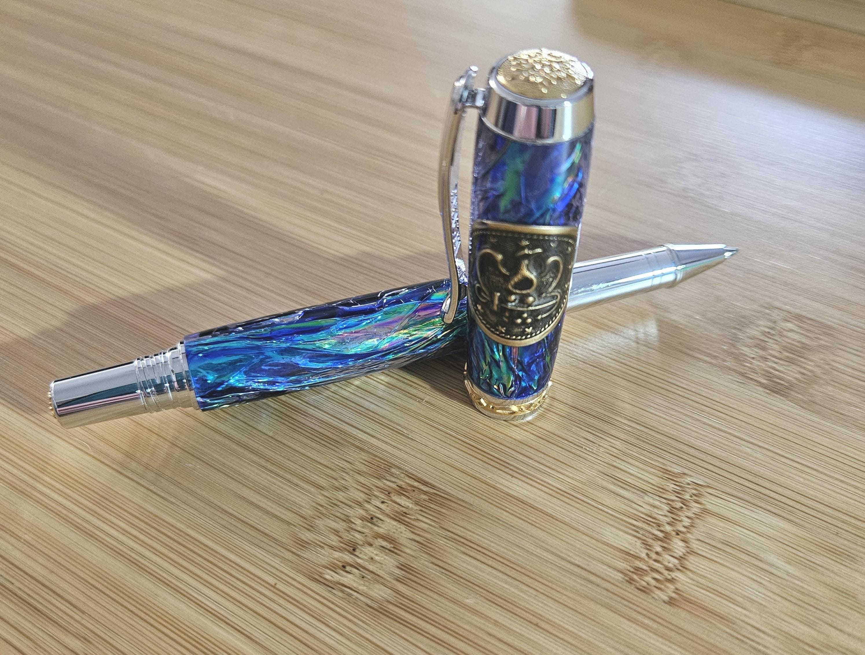 Refillable Capped Junior Statesman Rollerball Pen, Opal FX Body, Navy Peacoat Button, Chrome and Gold Accents, Medium Tip, Gift for Military