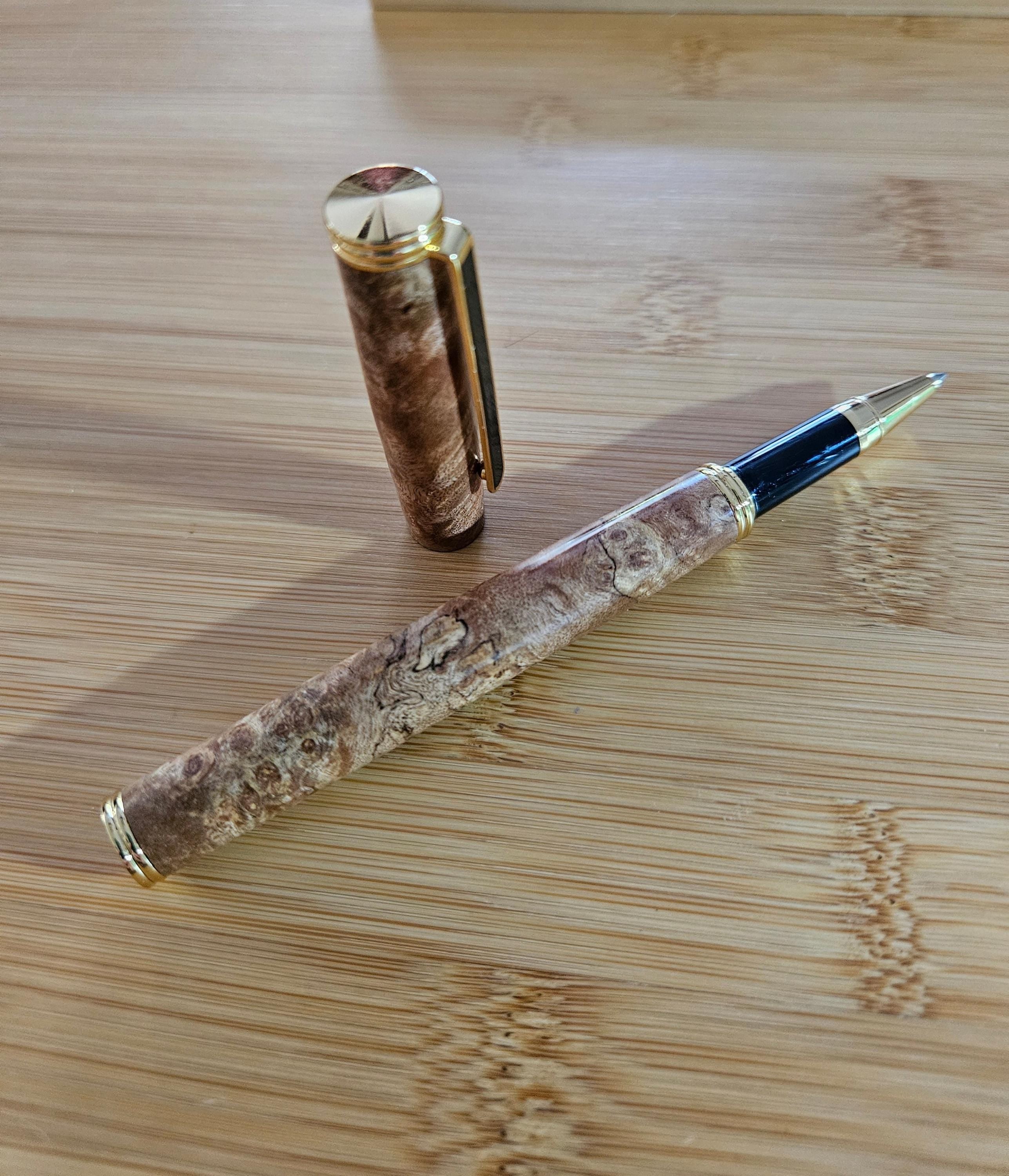 Refillable Capped Traditional 24kt Gold Rollerball Pen, Burl Wood, Black Accent, Medium Tip, 1.3oz, Lightweight, Gift for Her, Gift for Mom