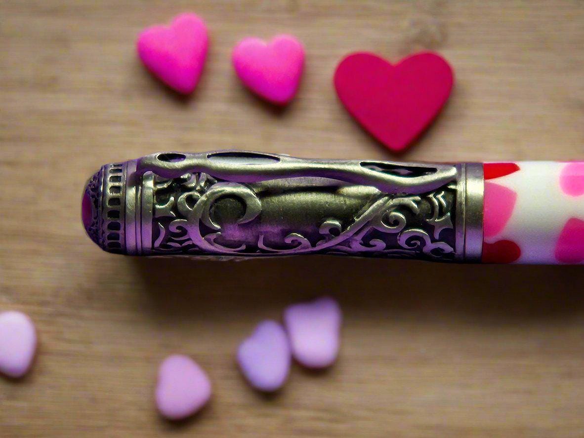 Refillable Twist-Style Pen, Red & Pink Hearts, Antique Pewter, Etched Metal Heart, Cast Heart on Top, Love Themed, Medium Tip, 2.0oz (Heavy)