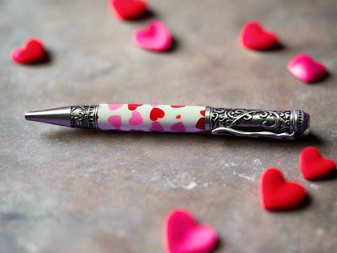 Refillable Twist-Style Pen, Red & Pink Hearts, Antique Pewter, Etched Metal Heart, Cast Heart on Top, Love Themed, Medium Tip, 2.0oz (Heavy)