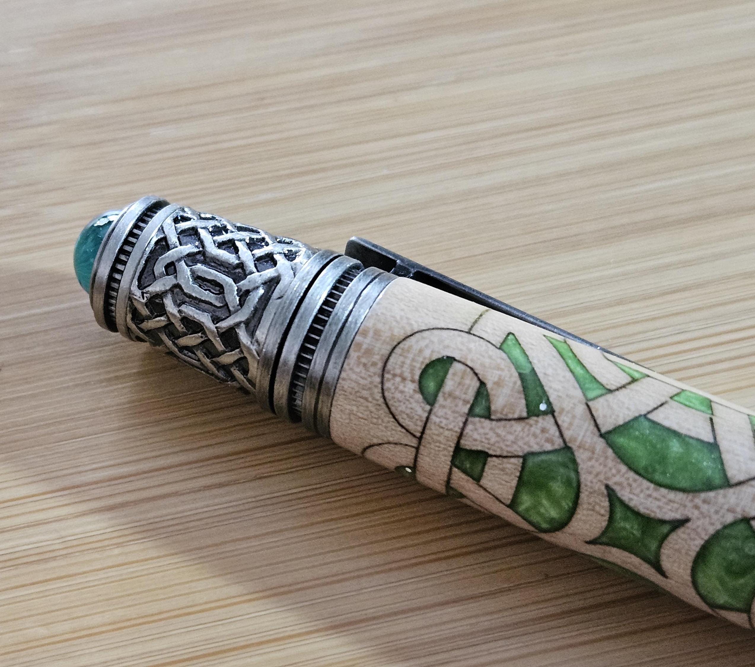 Refillable Twist-Style Pen, Celtic Scrollwork, Basswood, Antique Pewter, Emerald Cabochon, Light Green, Irish Symbol, Medium Tip, 1.6oz