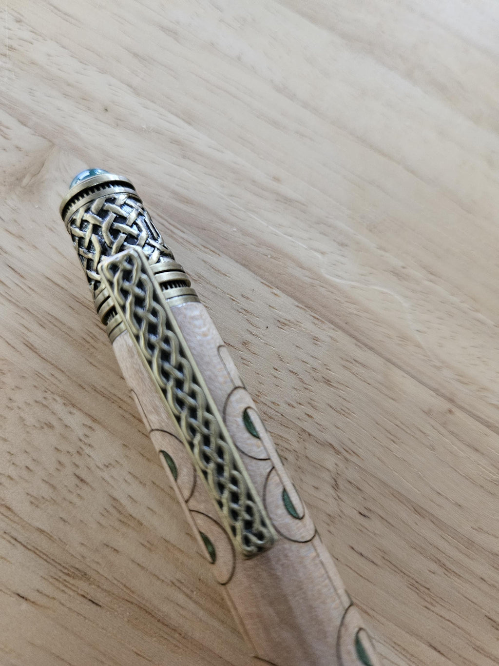Refillable Twist-Style Pen, Celtic Scrollwork, Basswood, Antique Brass, Emerald Cabochon, Dark Green, Irish Symbol, Medium Tip, 1.6oz