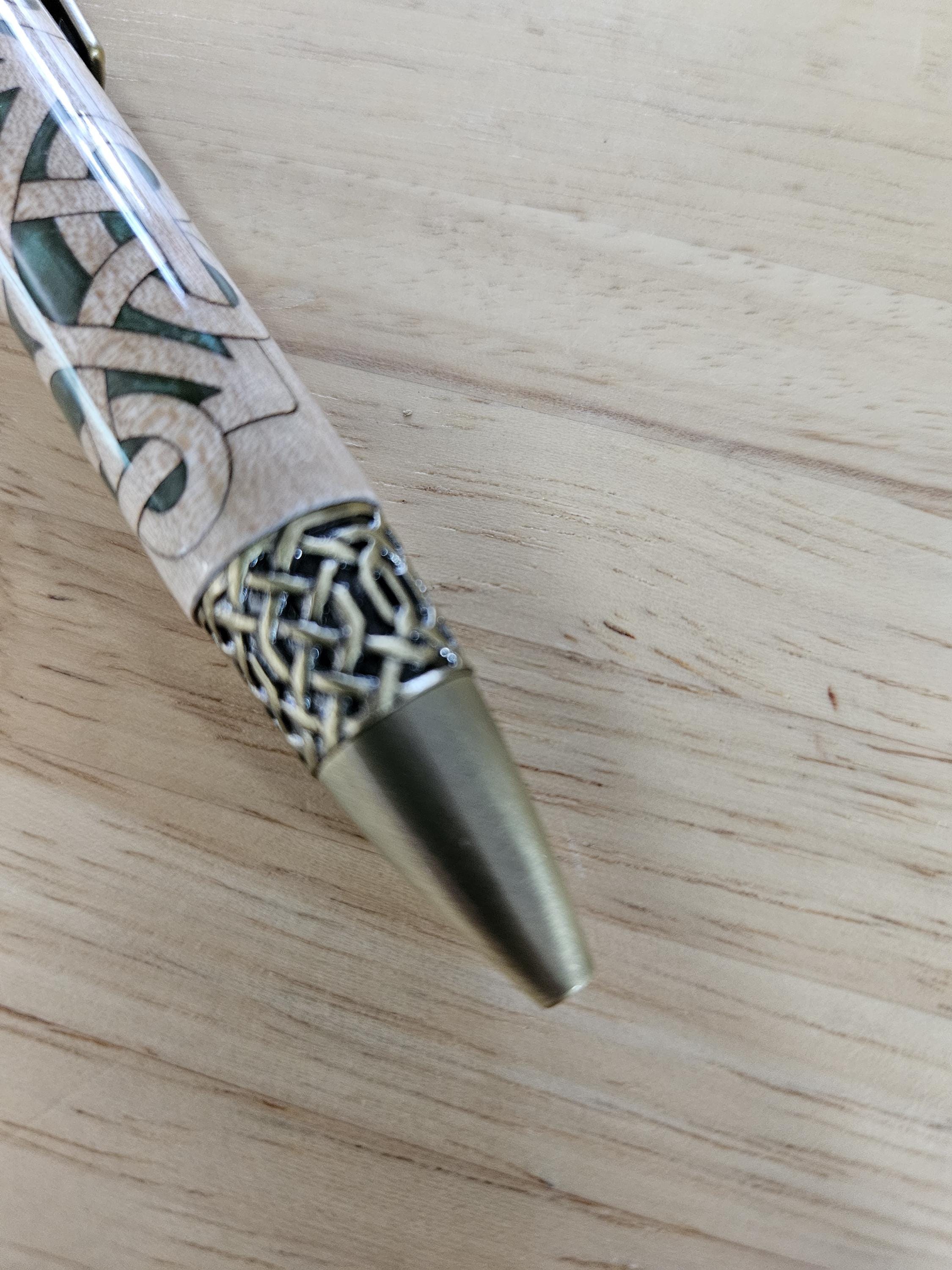 Refillable Twist-Style Pen, Celtic Scrollwork, Basswood, Antique Brass, Emerald Cabochon, Dark Green, Irish Symbol, Medium Tip, 1.6oz