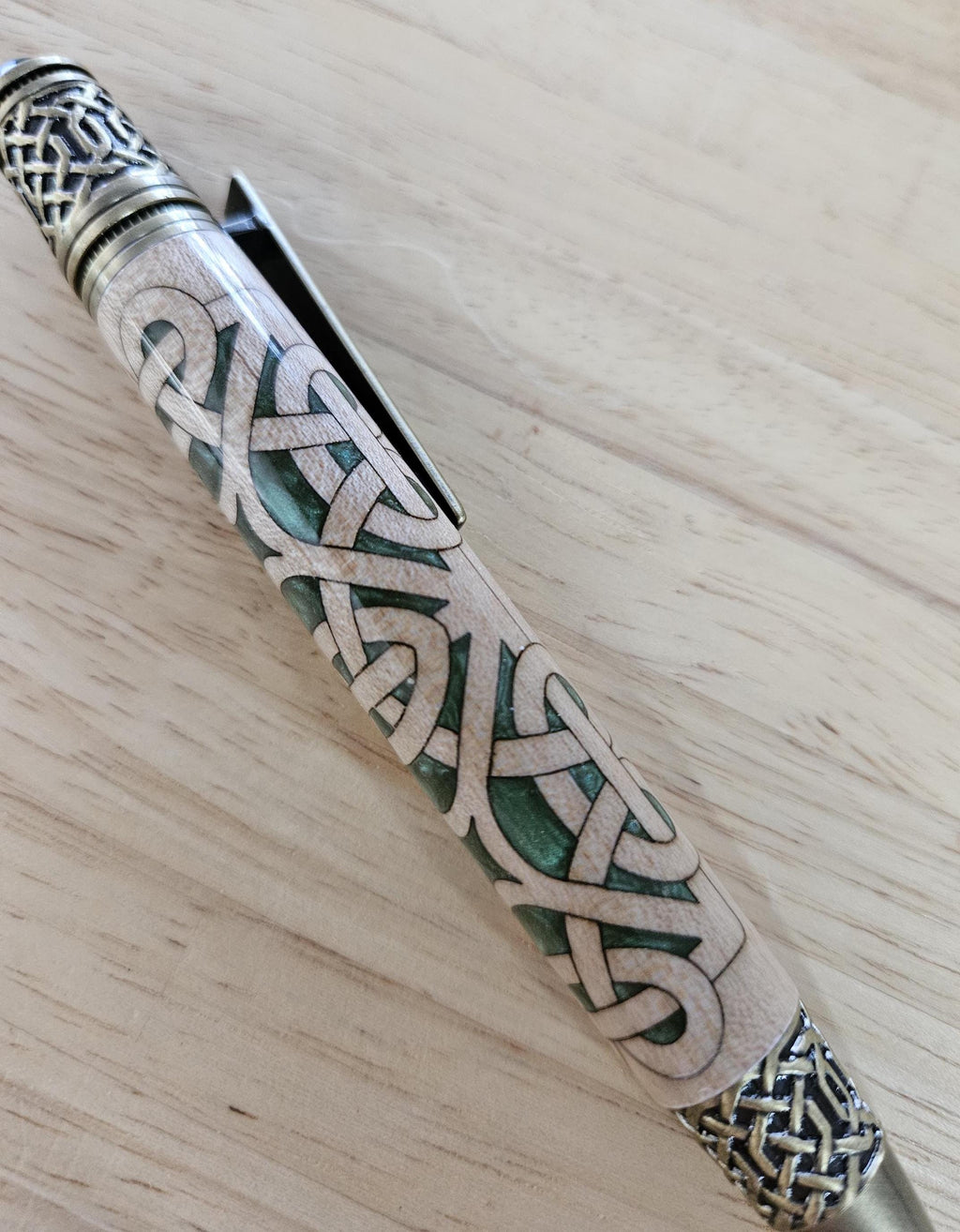 Refillable Twist-Style Pen, Celtic Scrollwork, Basswood, Antique Brass, Emerald Cabochon, Dark Green, Irish Symbol, Medium Tip, 1.6oz