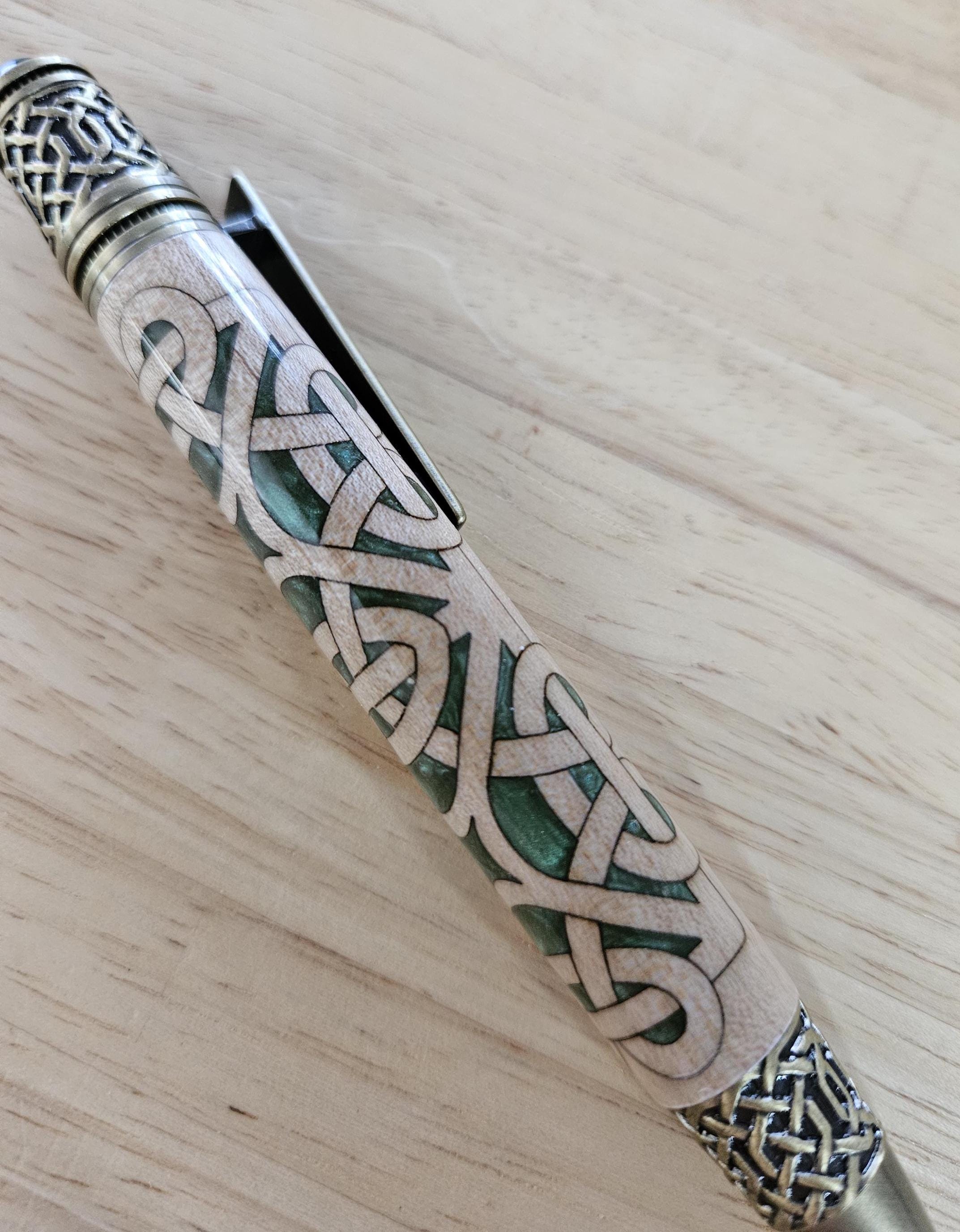 Refillable Twist-Style Pen, Celtic Scrollwork, Basswood, Antique Brass, Emerald Cabochon, Dark Green, Irish Symbol, Medium Tip, 1.6oz