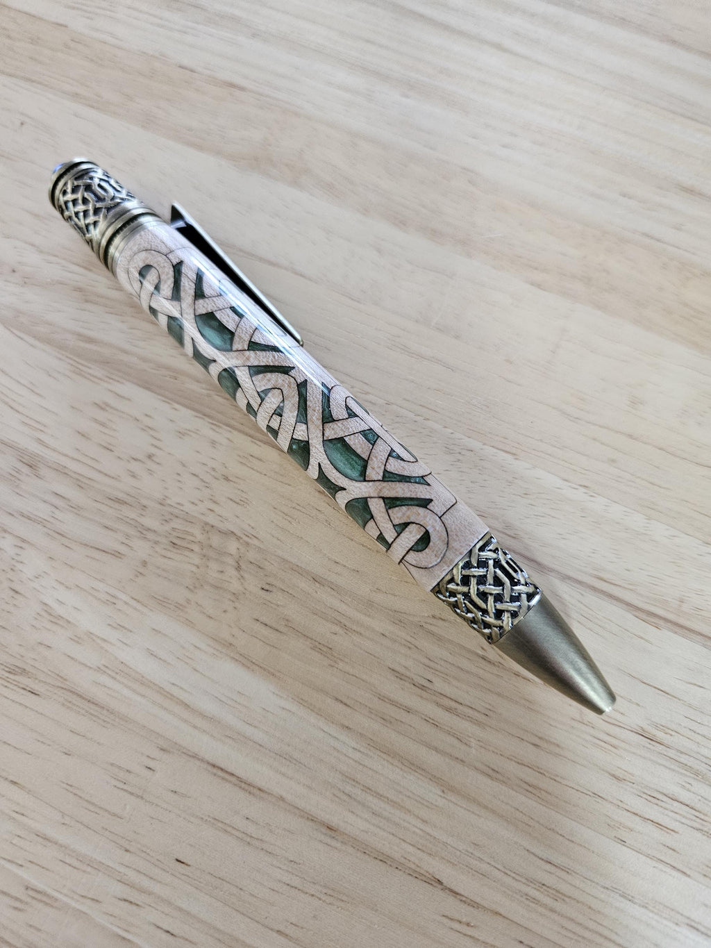 Refillable Twist-Style Pen, Celtic Scrollwork, Basswood, Antique Brass, Emerald Cabochon, Dark Green, Irish Symbol, Medium Tip, 1.6oz
