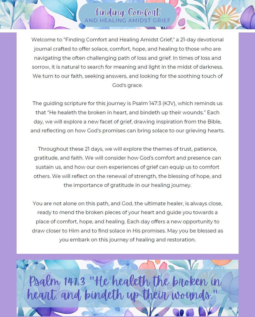 21-Day Digital Devotional Journal, "Finding Comfort in Grief", Scriptures, Religious Writing, Reflection, God's Word, Psalm 147:3 (KJV)