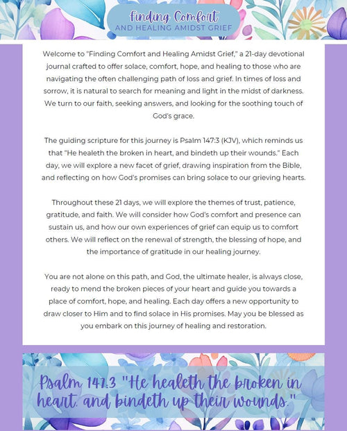 21-Day Digital Devotional Journal, "Finding Comfort in Grief", Scriptures, Religious Writing, Reflection, God's Word, Psalm 147:3 (KJV)