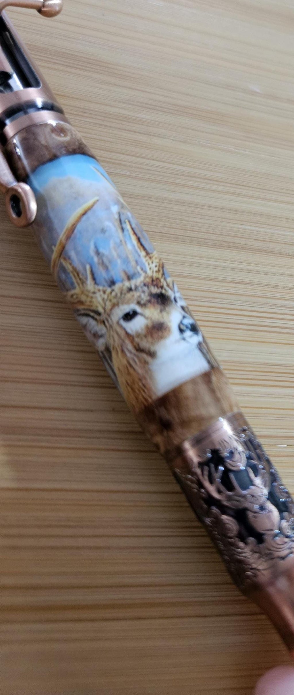 Refillable Bolt Action Deer Hunter Pen: Label Cast, Burl Wood Segment, Antique Brass Etched Metal, 5-point Buck, Gift for Hunter, Deer Lover