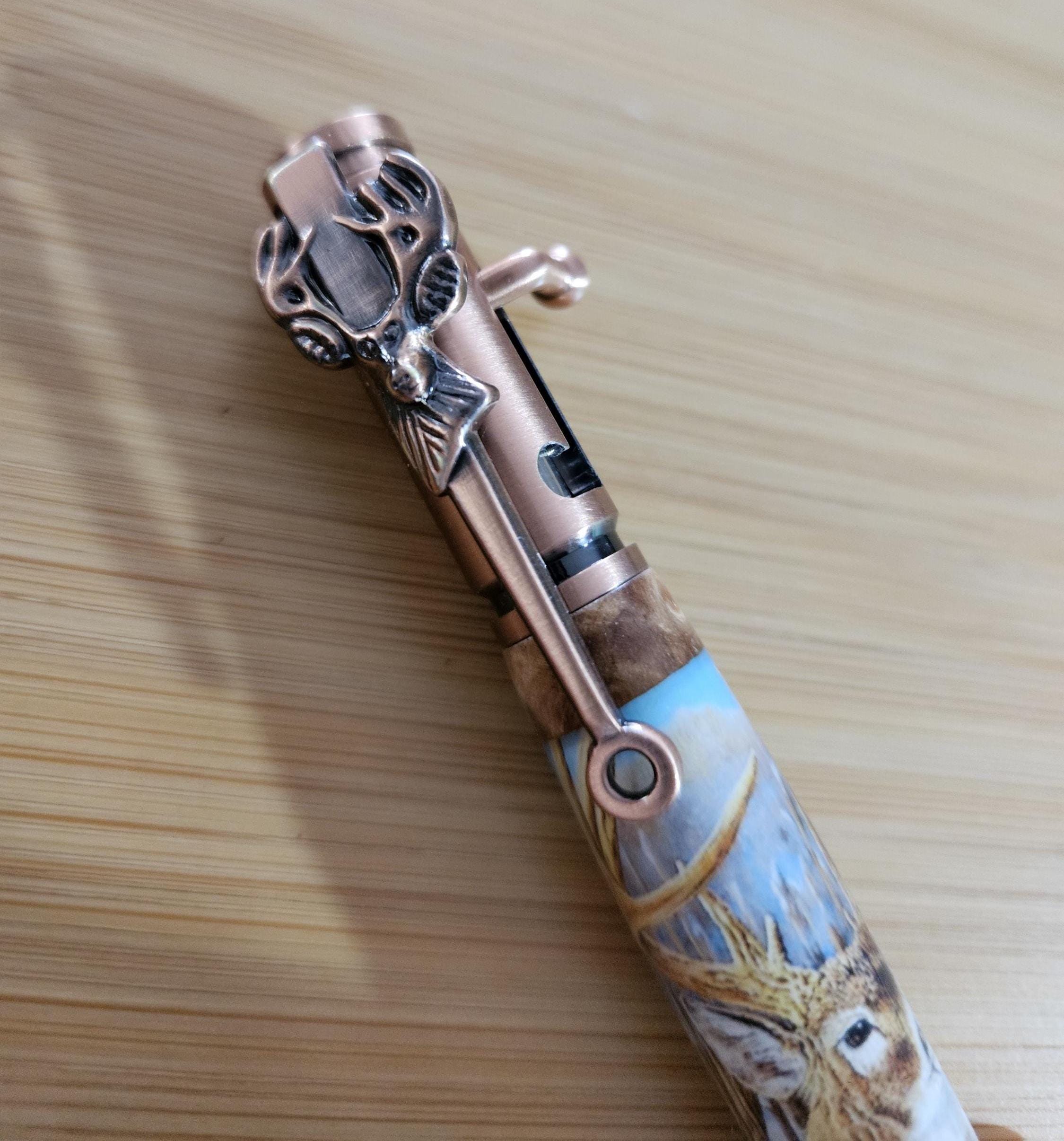 Refillable Bolt Action Deer Hunter Pen: Label Cast, Burl Wood Segment, Antique Copper Etched Metal, 5point Buck, Gift for Hunter, Deer Lover
