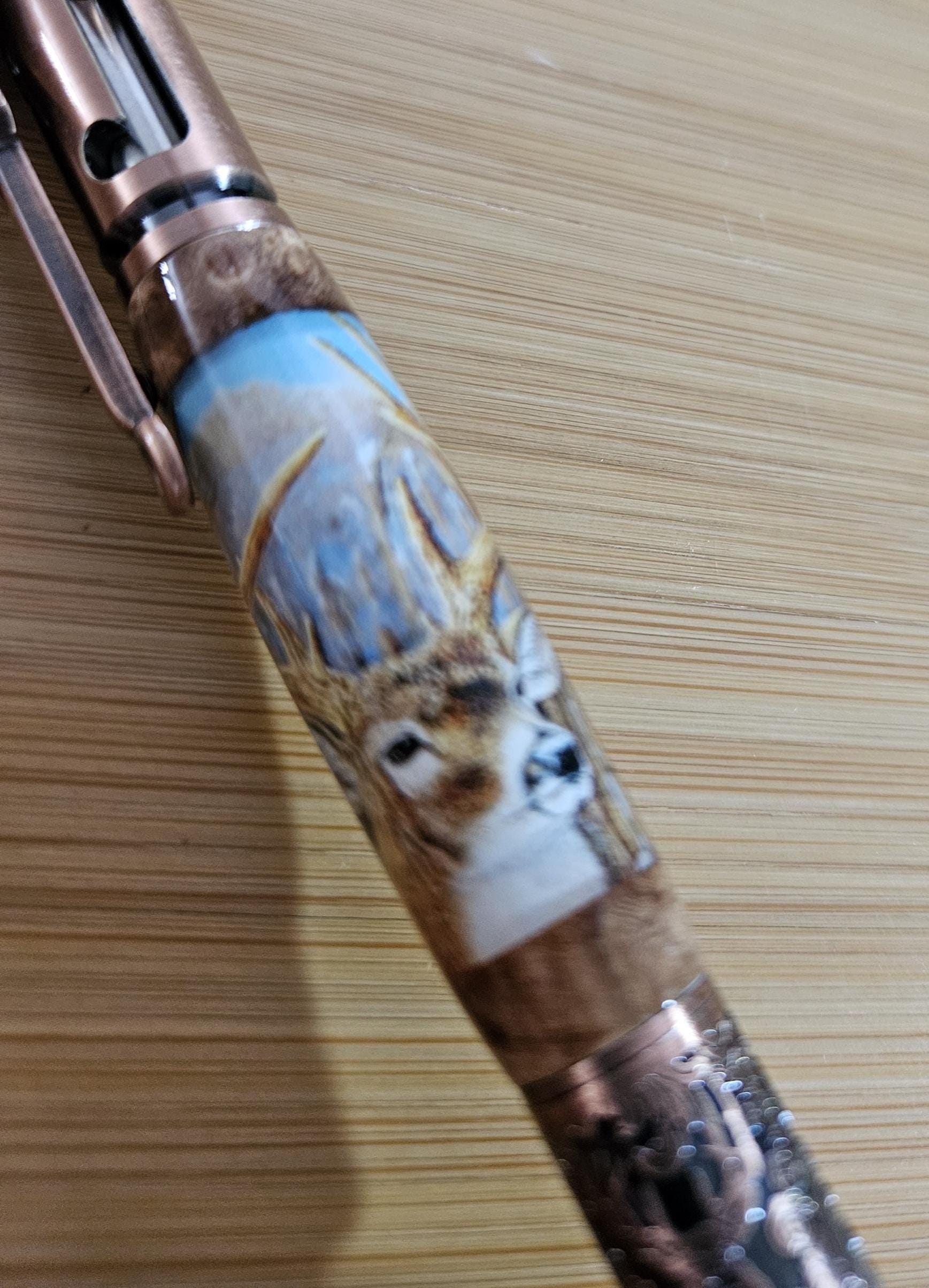 Refillable Bolt Action Deer Hunter Pen: Label Cast, Burl Wood Segment, Antique Copper Etched Metal, 5point Buck, Gift for Hunter, Deer Lover