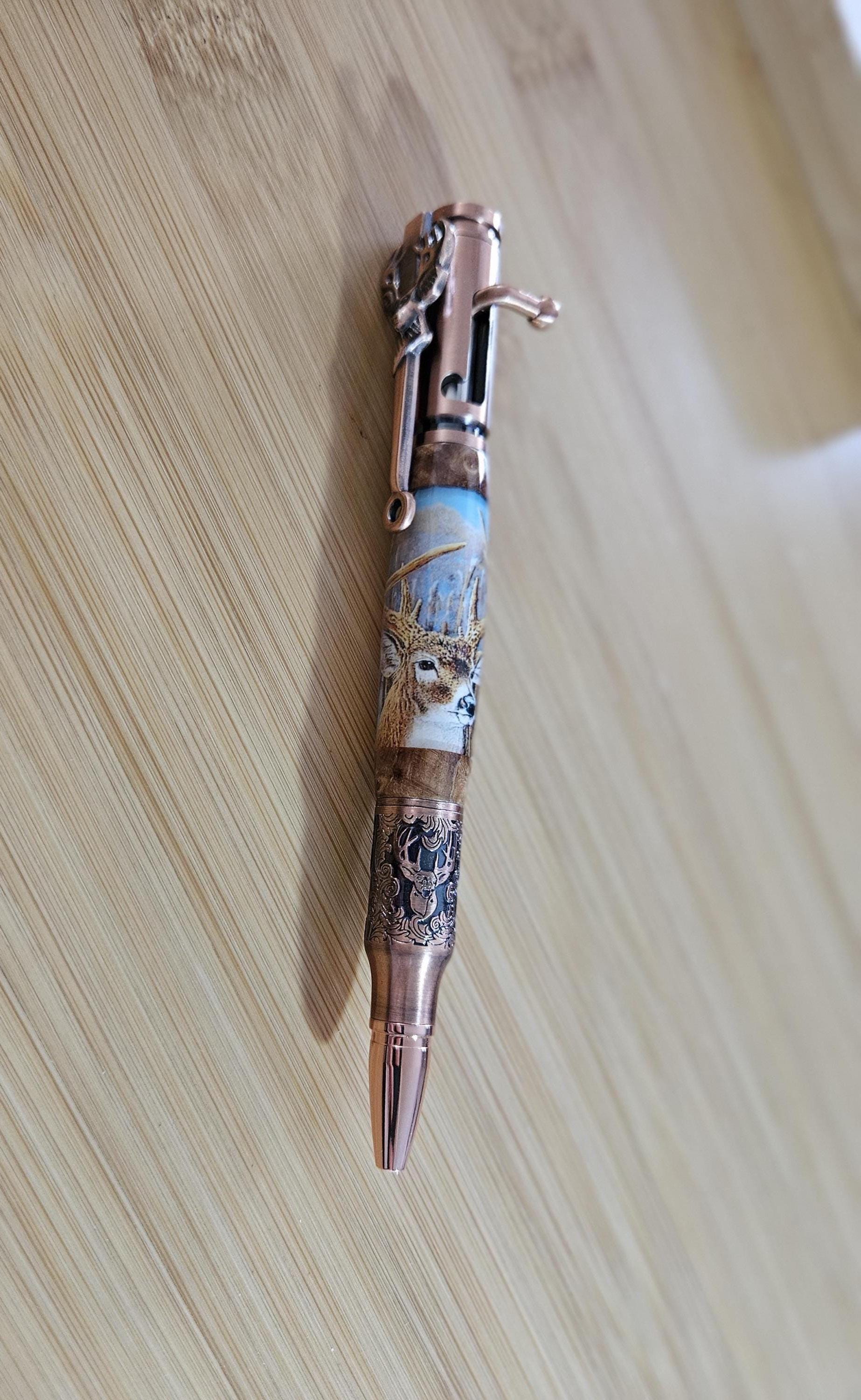 Refillable Bolt Action Deer Hunter Pen: Label Cast, Burl Wood Segment, Antique Copper Etched Metal, 5point Buck, Gift for Hunter, Deer Lover