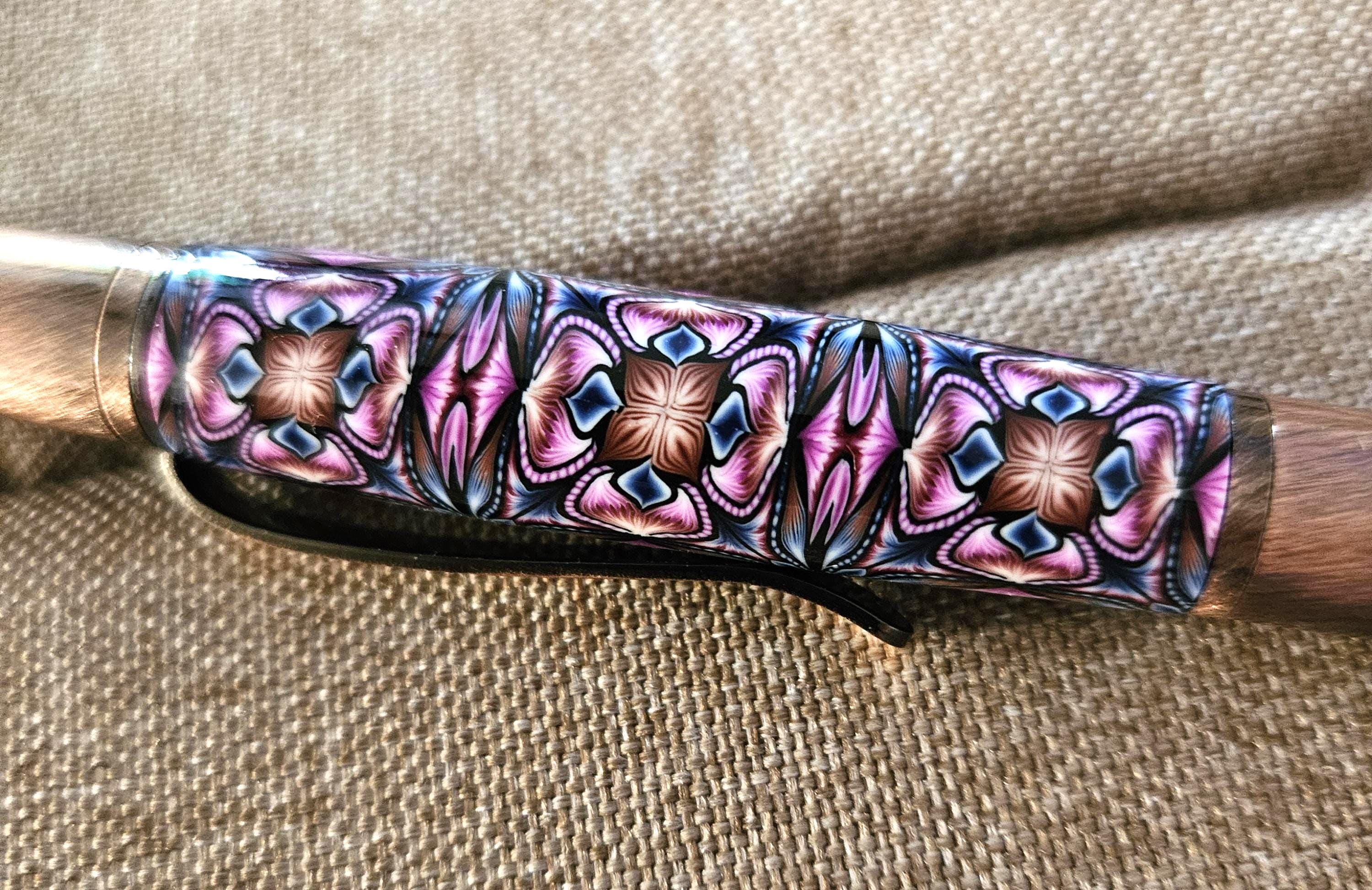 Refillable Polymer Clay Pen, Antique Copper Accents, Floral Pattern, Blue Pink Copper Colored Body, Medium Tip, 1.7 oz, Gift for Mom