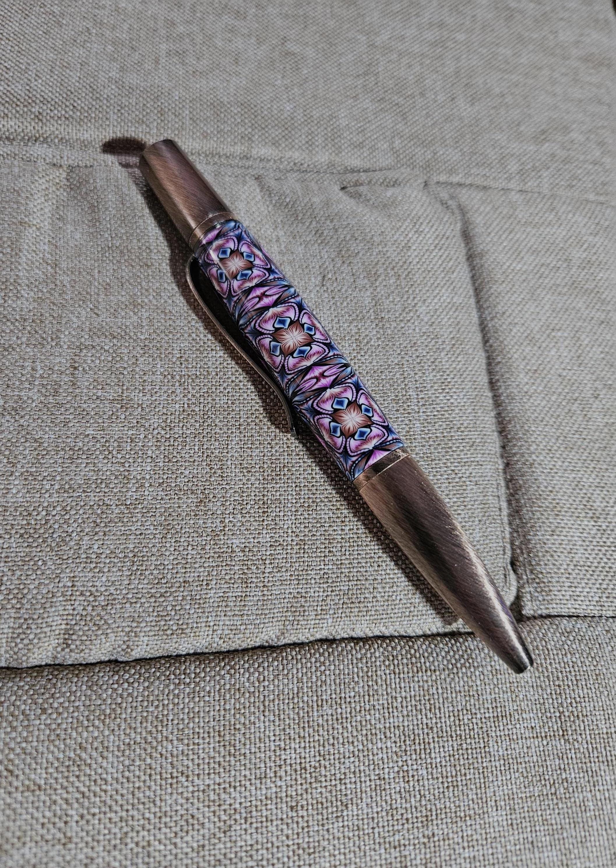 Refillable Polymer Clay Pen, Antique Copper Accents, Floral Pattern, Blue Pink Copper Colored Body, Medium Tip, 1.7 oz, Gift for Mom