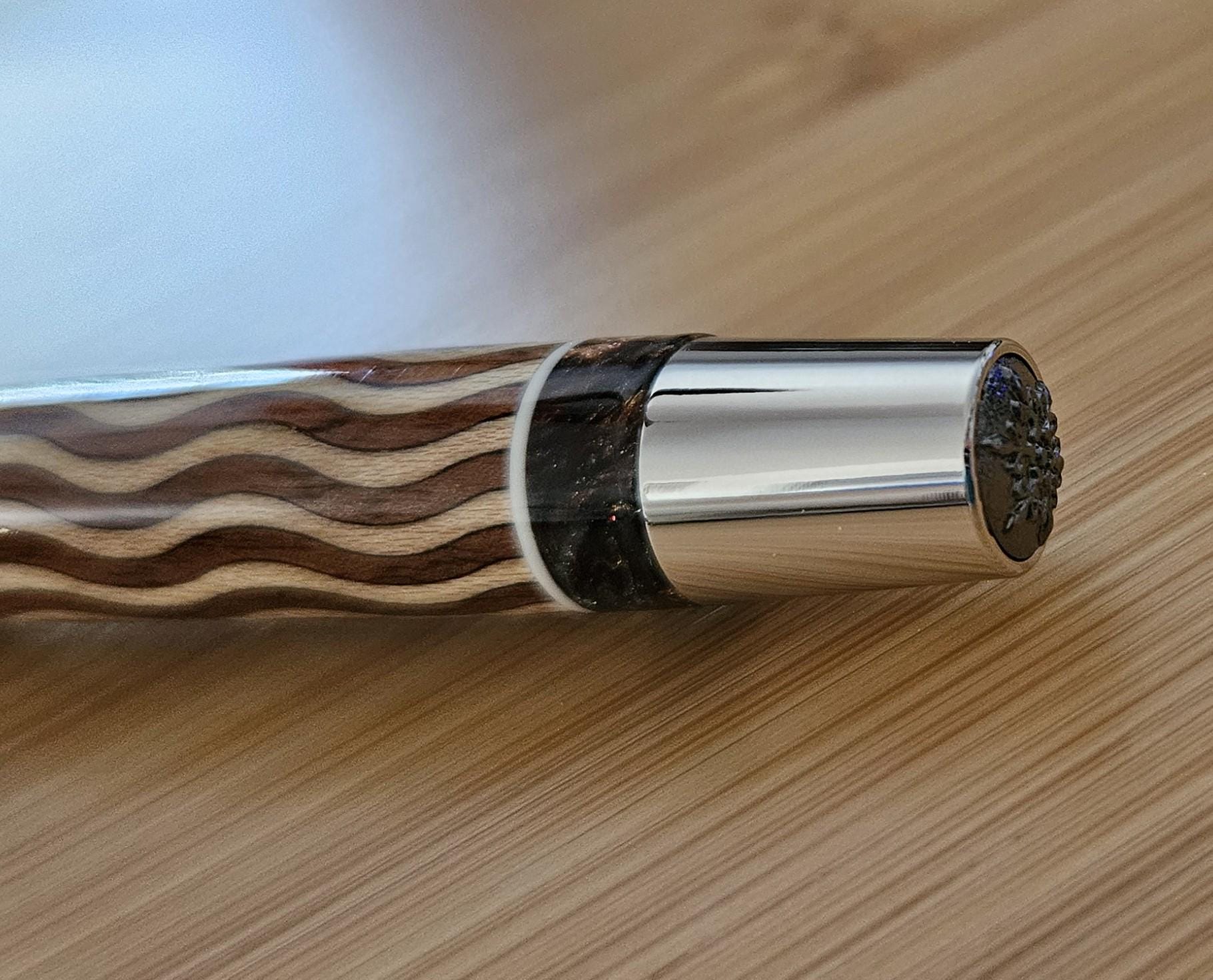Refillable Capped Junior Statesman Rollerball Pen, Segmented, Inlay Maple & Walnut Wood, Dayacoms Hand-Cast Chrome Accent, Medium Tip, 1.9oz