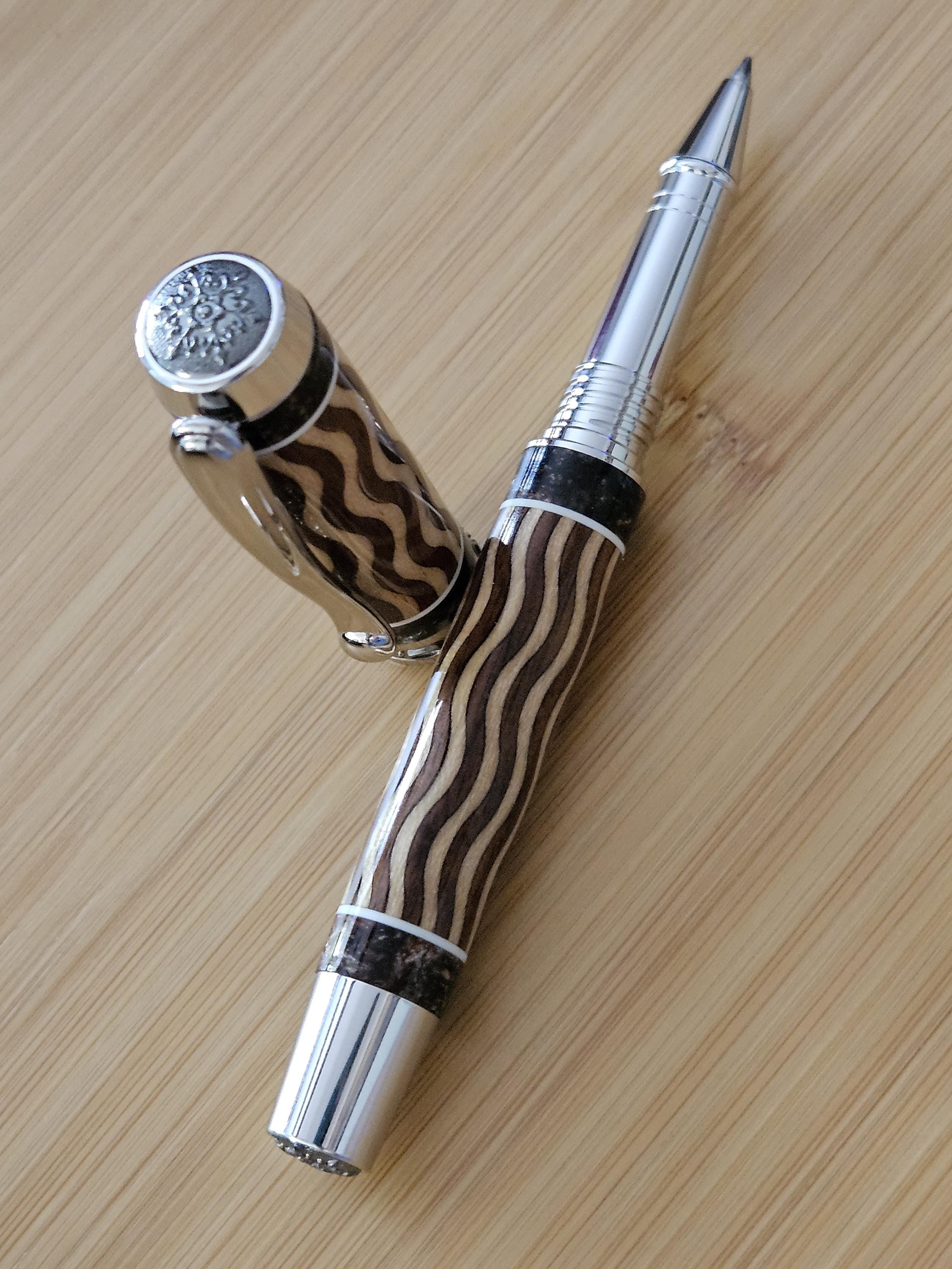 Refillable Capped Junior Statesman Rollerball Pen, Segmented, Inlay Maple & Walnut Wood, Dayacoms Hand-Cast Chrome Accent, Medium Tip, 1.9oz