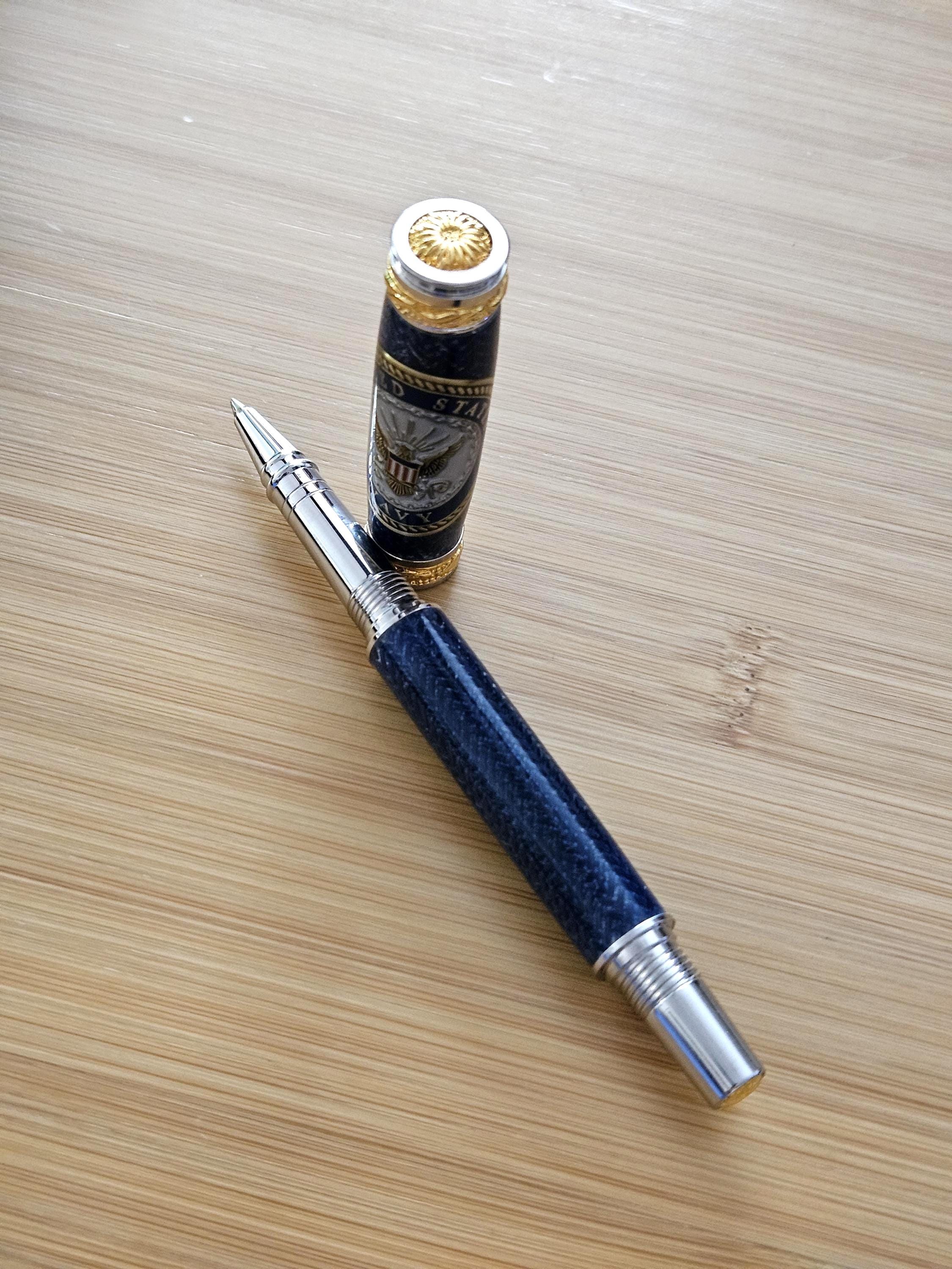 Refillable Capped Rollerball Blue Carbon Fiber Pen, Navy Emblem Coin, Majestic Junior Gold and Rhodium Accents, Navy Veterans & Active Duty